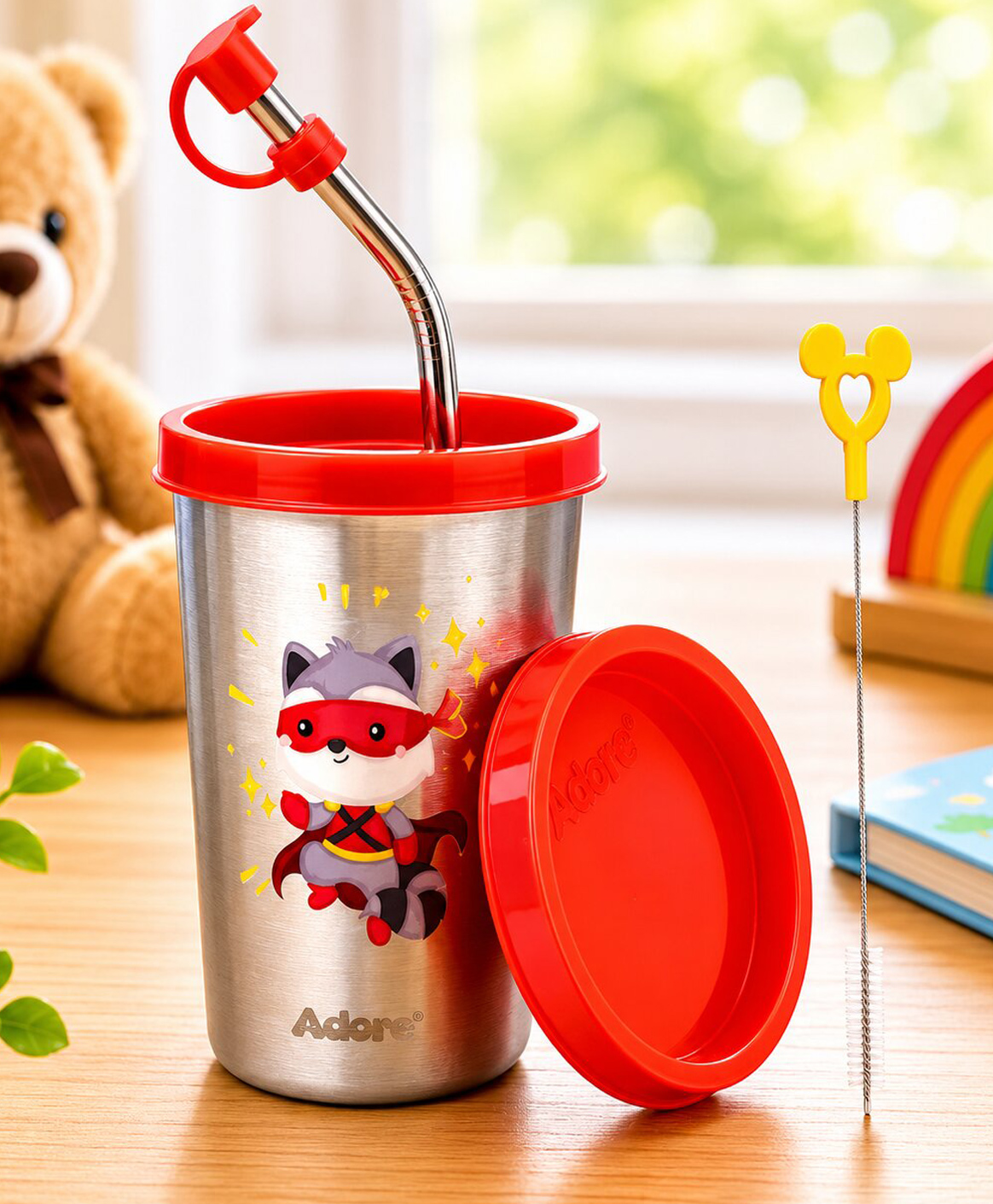 Adore Advanced Bliss Printed Stainless Steel Tumbler with Straw, Closed Lid, Straw Lid, Straw Brush- 300ml-image-39