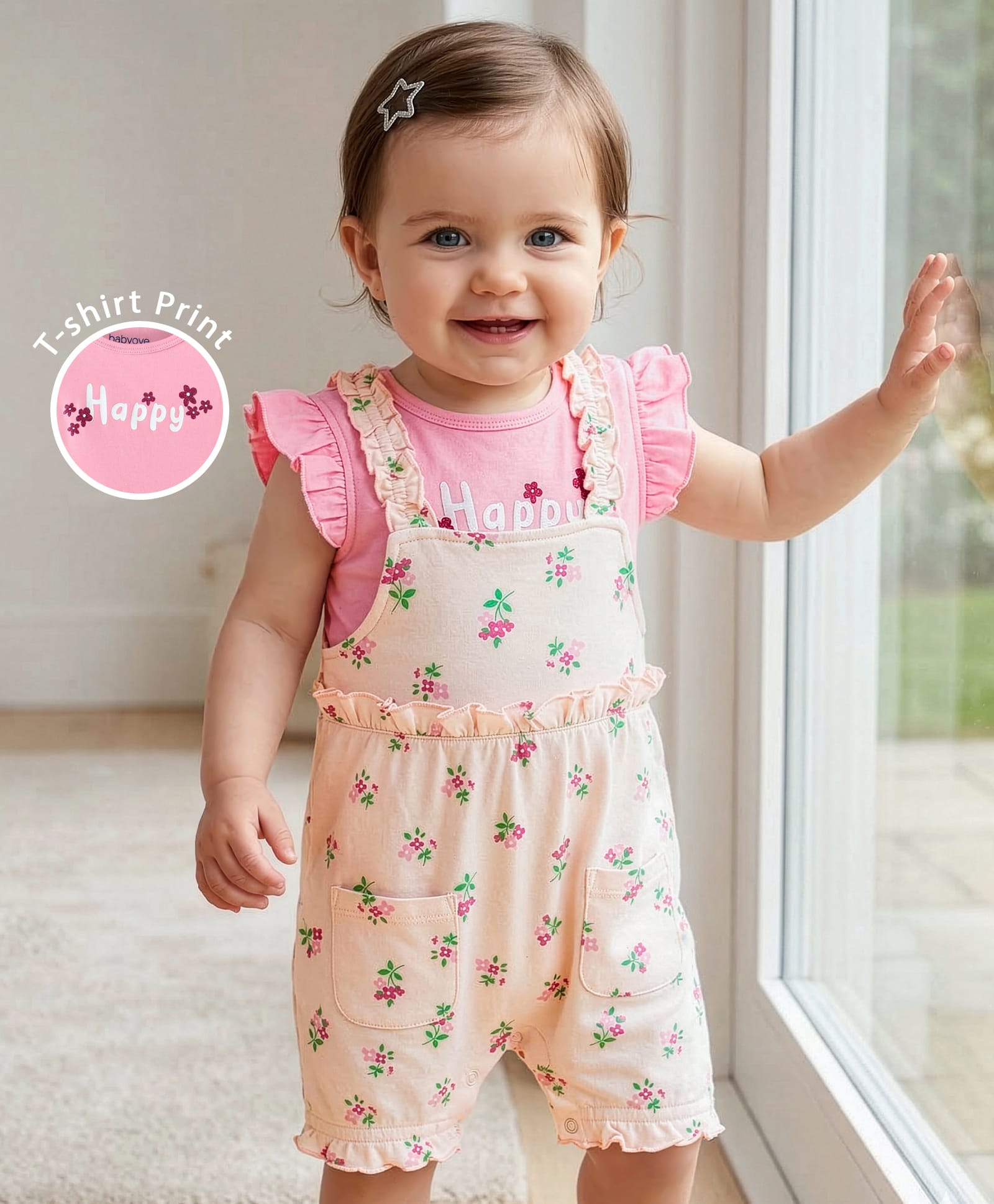Babyoye Eco-Conscious Cotton Knit With Eco Jiva Finish Frill Sleeves T-Shirt and Dungaree Style Romper With Floral Print - Pink-image-5