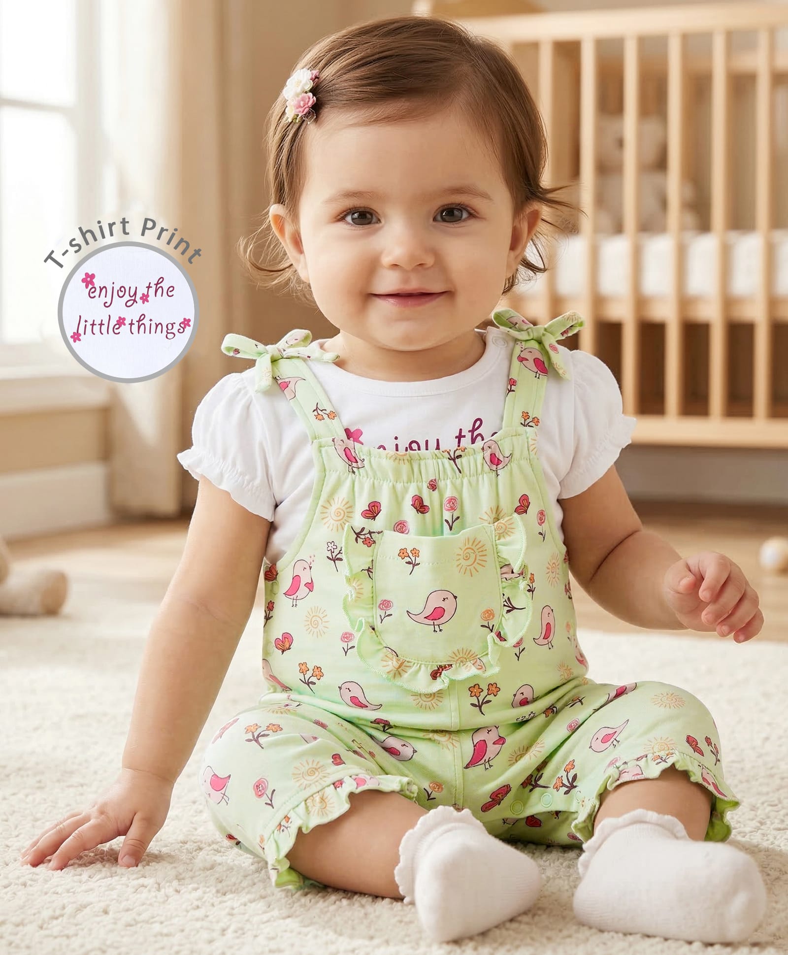 Babyoye Eco-Conscious Cotton With Eco Jiva Finish Cap Sleeves T-shirt and Dungaree Style Romper With Floral Print - Lime Yellow & White-picture-13