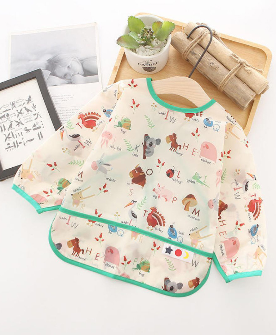 Thread Fairy Full Sleeves Washable Waterproof Baby Feeding Baby Bib Shirt with Pocket- Green- My Alphabets Medium-picture-16