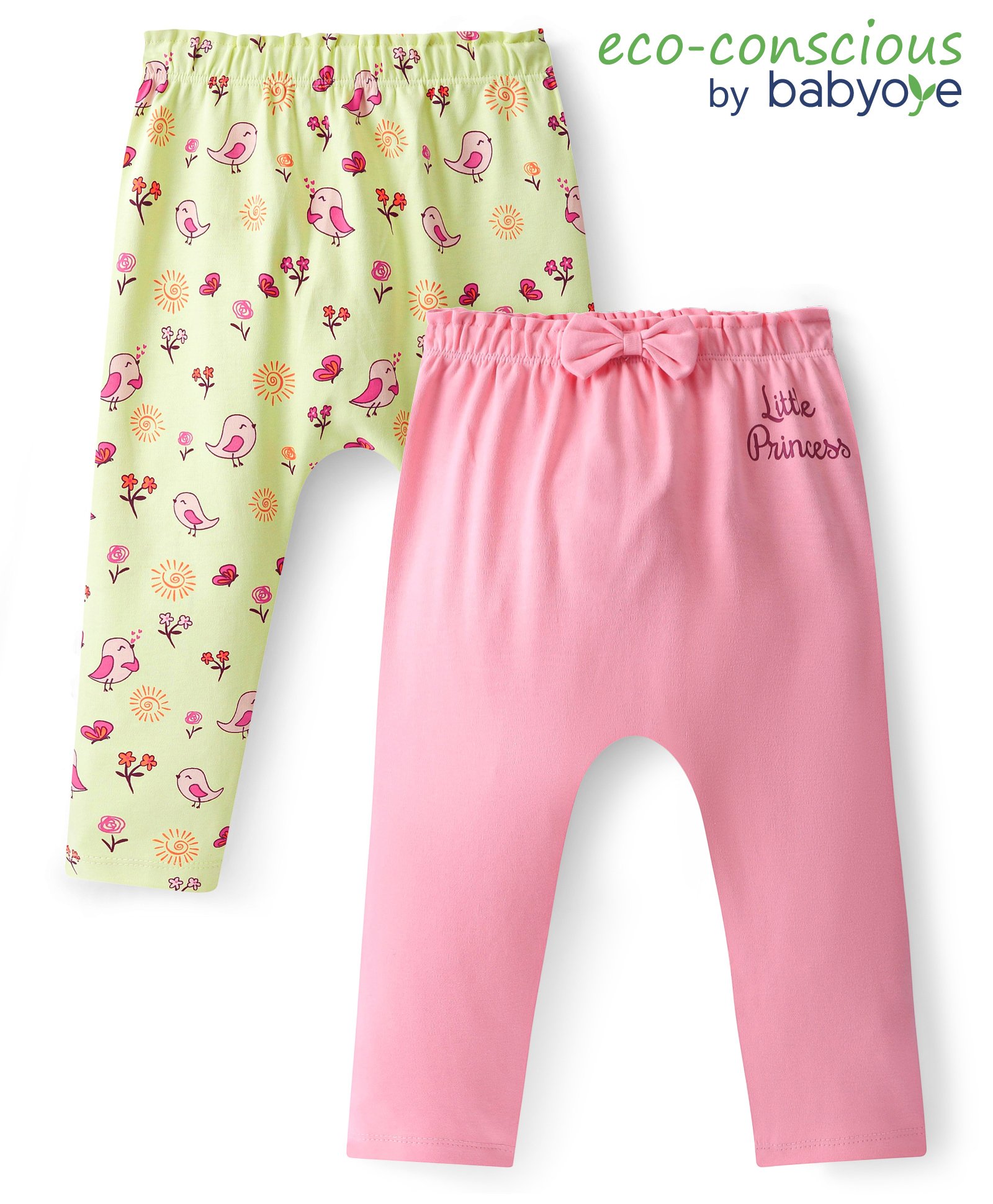 Babyoye Eco Conscious  Cotton  Knit Full Length  Diaper Leggings with Bird & Text Print Bow Applique Pack of 2 - Pink & Yellow-picture-18