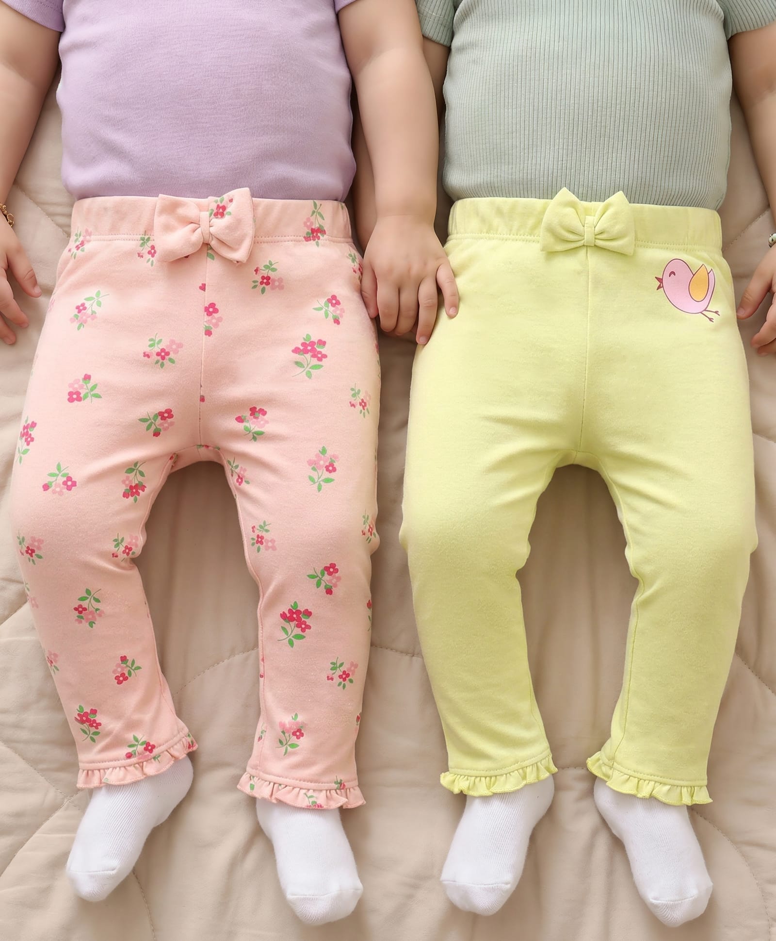 Babyoye Eco Conscious Cotton Full Length Leggings With Floral Print Pack Of 2 - Pink & Yellow-picture-27
