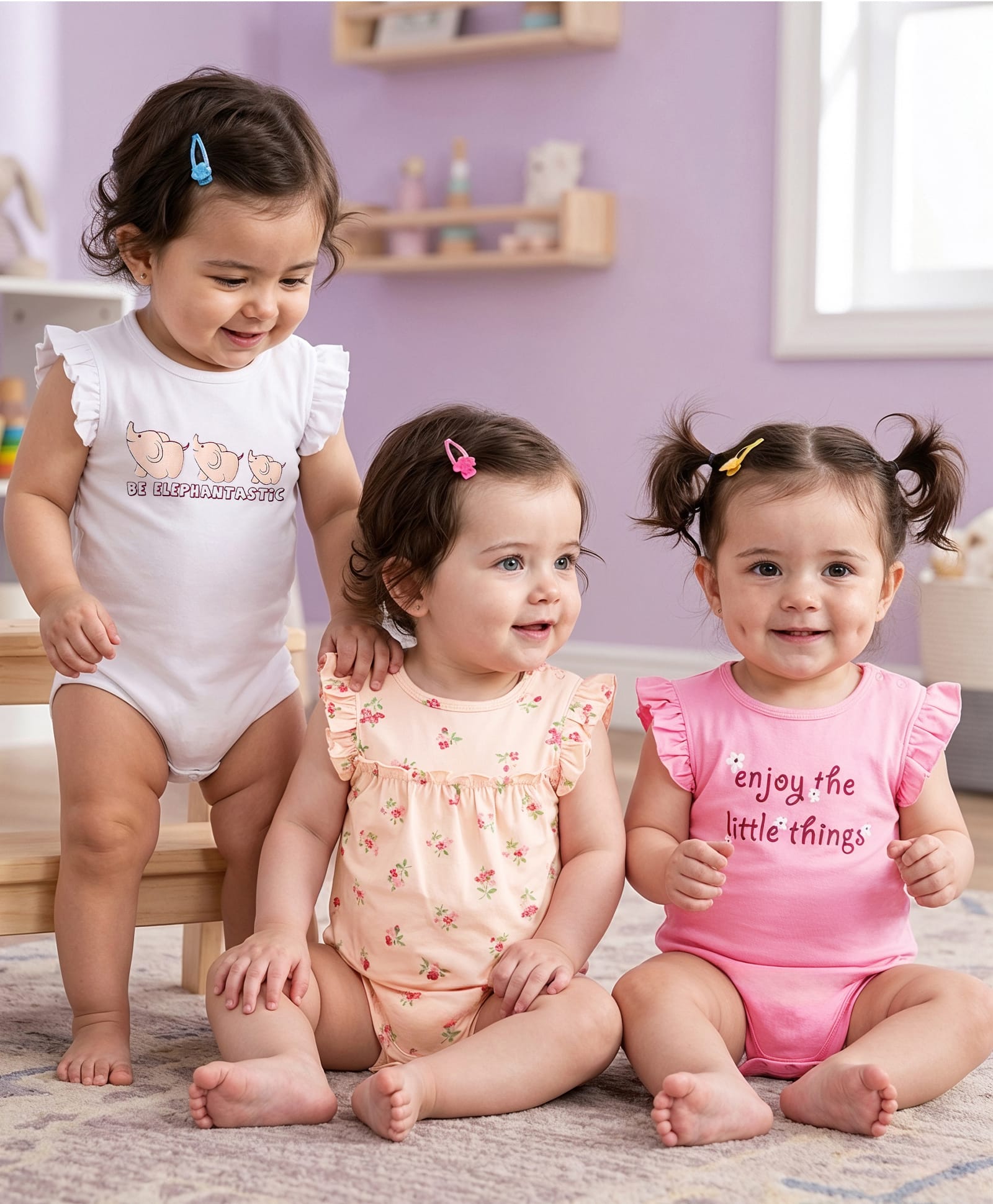 Babyoye Eco Conscious Cotton Frill Sleeves Onesies With Floral & Text Print Pack Of 3 - Pink & White-image-1