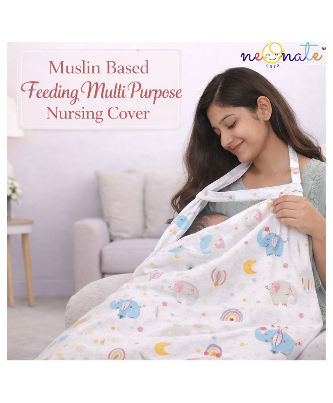 NeonateCare Multi Purpose Striped Nursing Cover - White Muslin lion Print-image-31