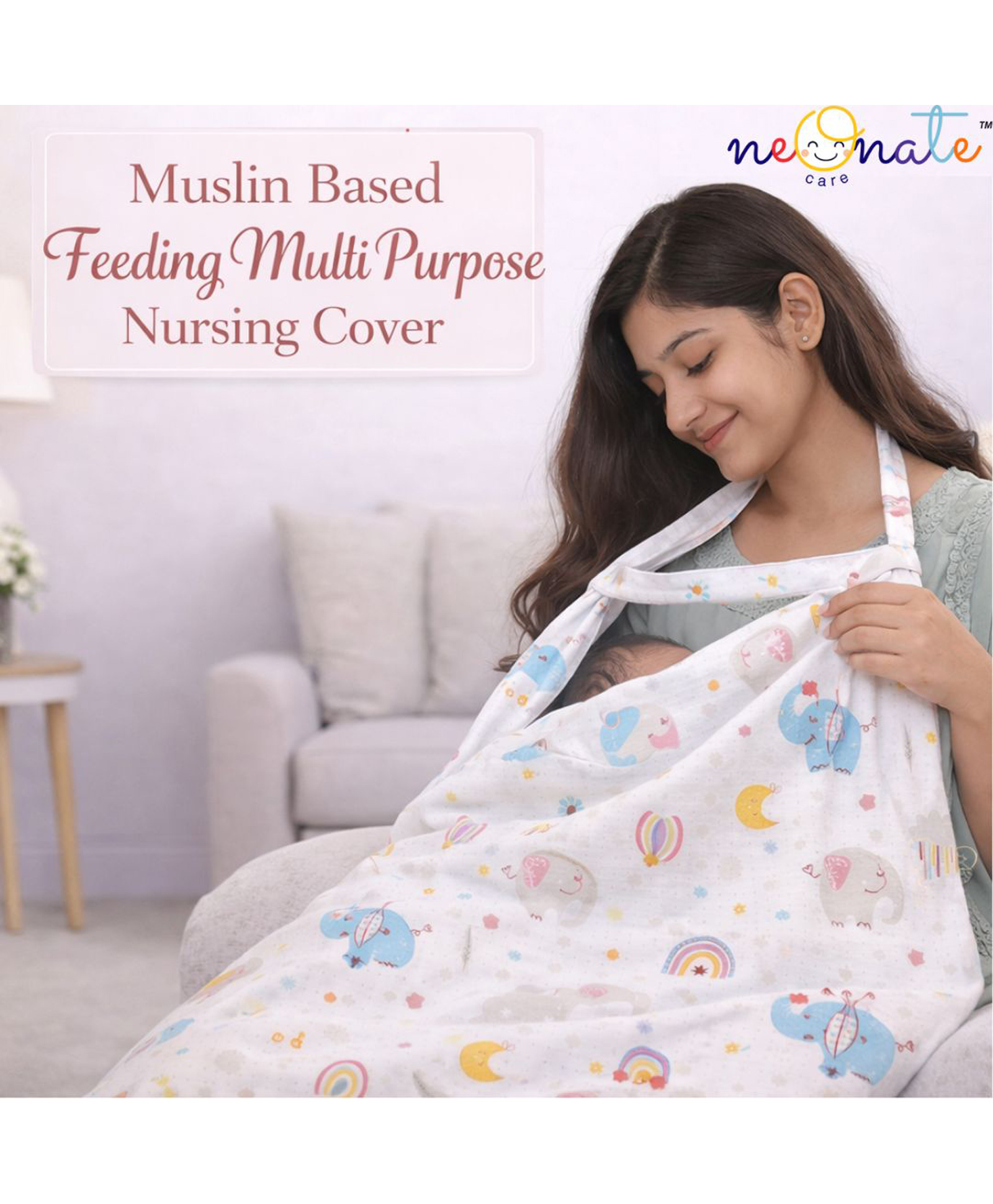 NeonateCare Multi Purpose Striped Nursing Cover - White Muslin elephant Print-image-31