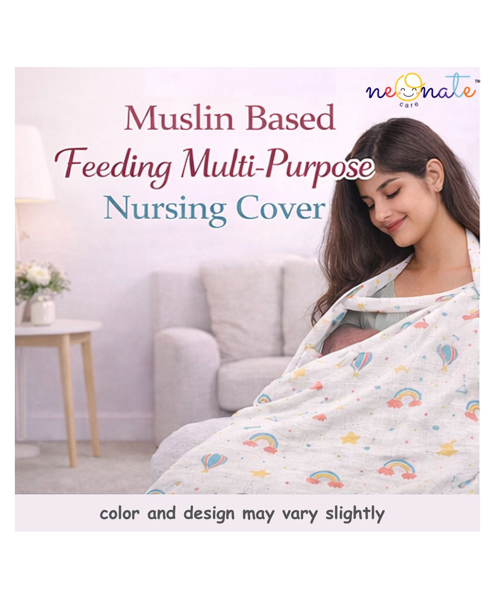 NeonateCare Multi Purpose Striped Nursing Cover Muslin rainbow and balloon Print - White-image-18