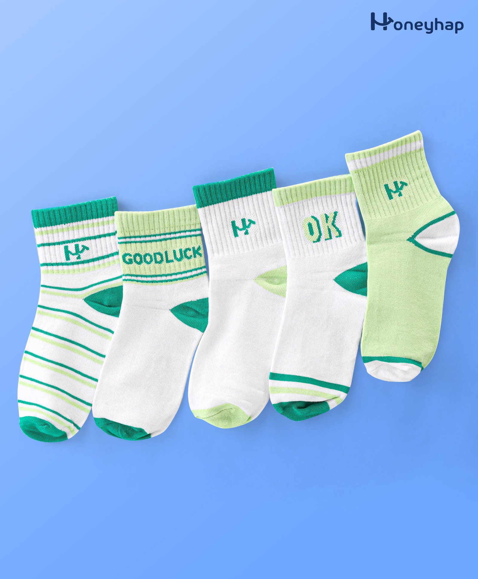 Honeyhap Premium Cotton Bamboo Ankle Length Set Of Socks With Bio Finish Stripes & Text Design Pack Of 5 - Bright White Holy Green & Paradise Green-image-7