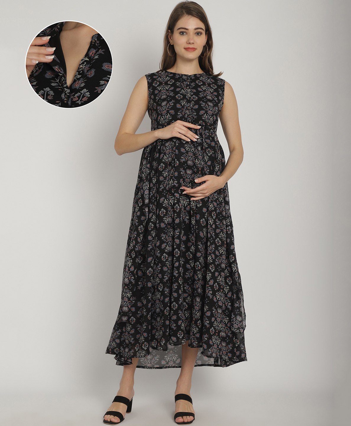 Moms Maternity Sleeveless Floral Printed Dress With Nursing Access - Black-picture-21