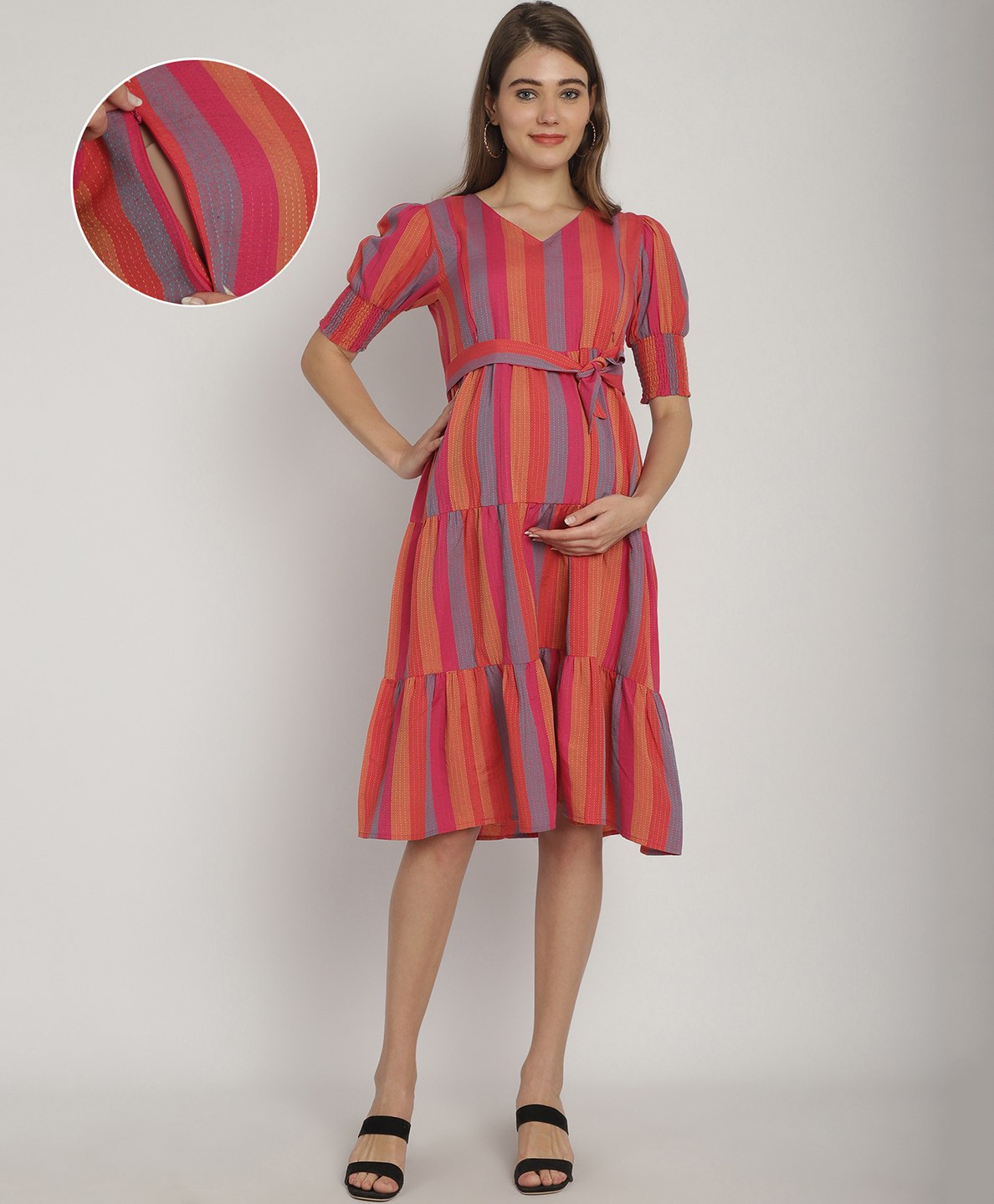 Moms Maternity Half Sleeves Striped Tiered Dress With Concealed Zipper Nursing Access - Pink-image-24