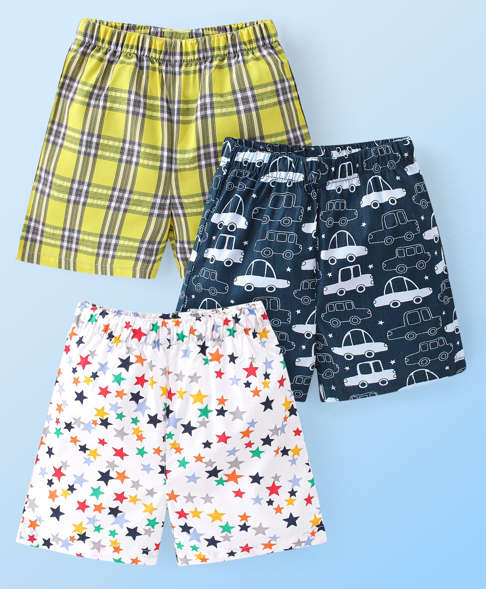 Babyhug Poplin Woven Boxers With Star & Car Print Pack Of 3 - White Blue & Green-image-32