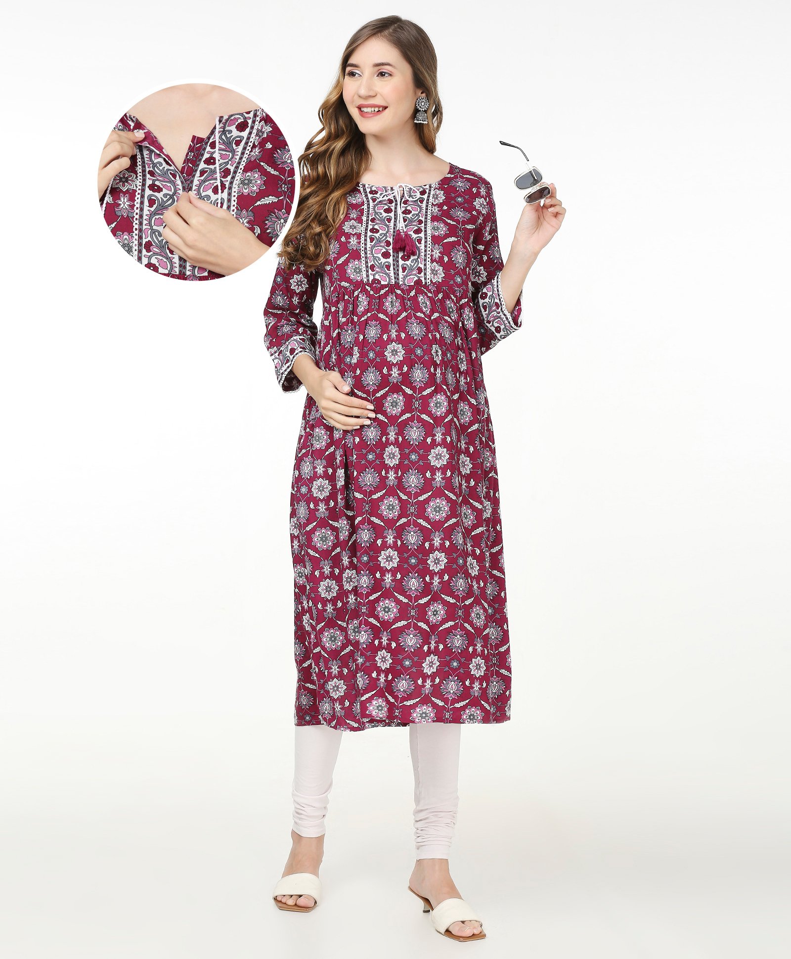 Bella Mama Woven Three Fourth Sleeves Floral Printed Yoke Maternity Kurta with Pocket - Wine