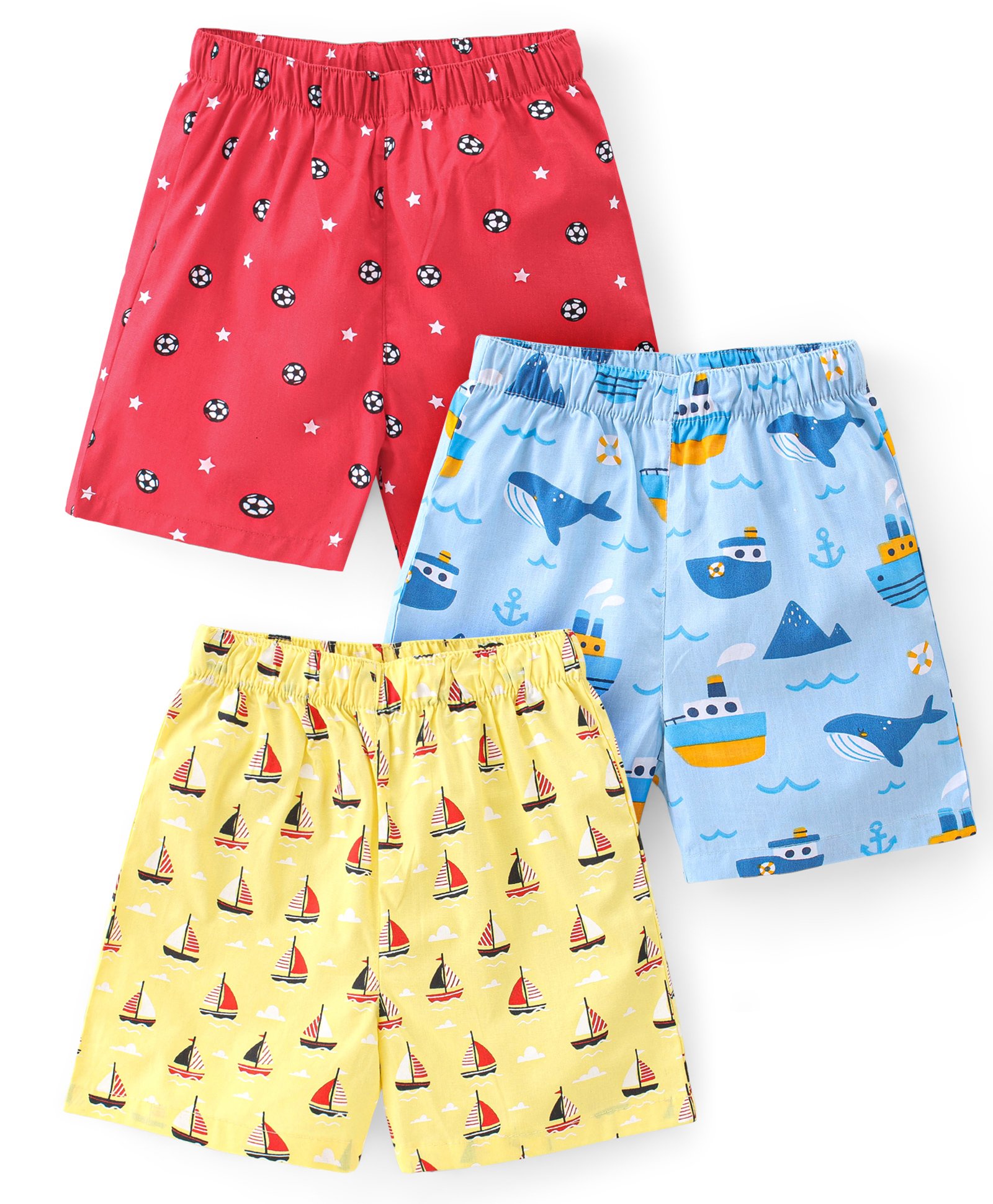 Babyhug Poplin Woven Boxers Football Whale & Boat Print Pack of 3 - Multicolour-image-29