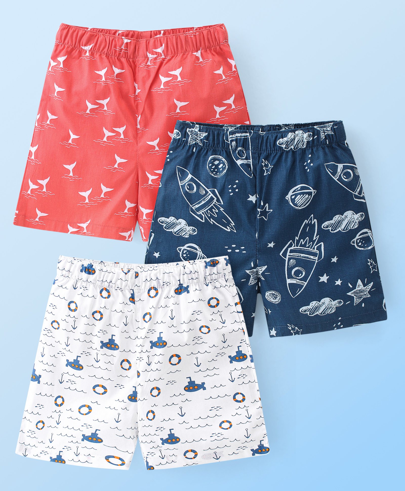 Babyhug Poplin Woven Boxers with Rocket & Submarine Print Pack of 3 - Multicolour-image-39
