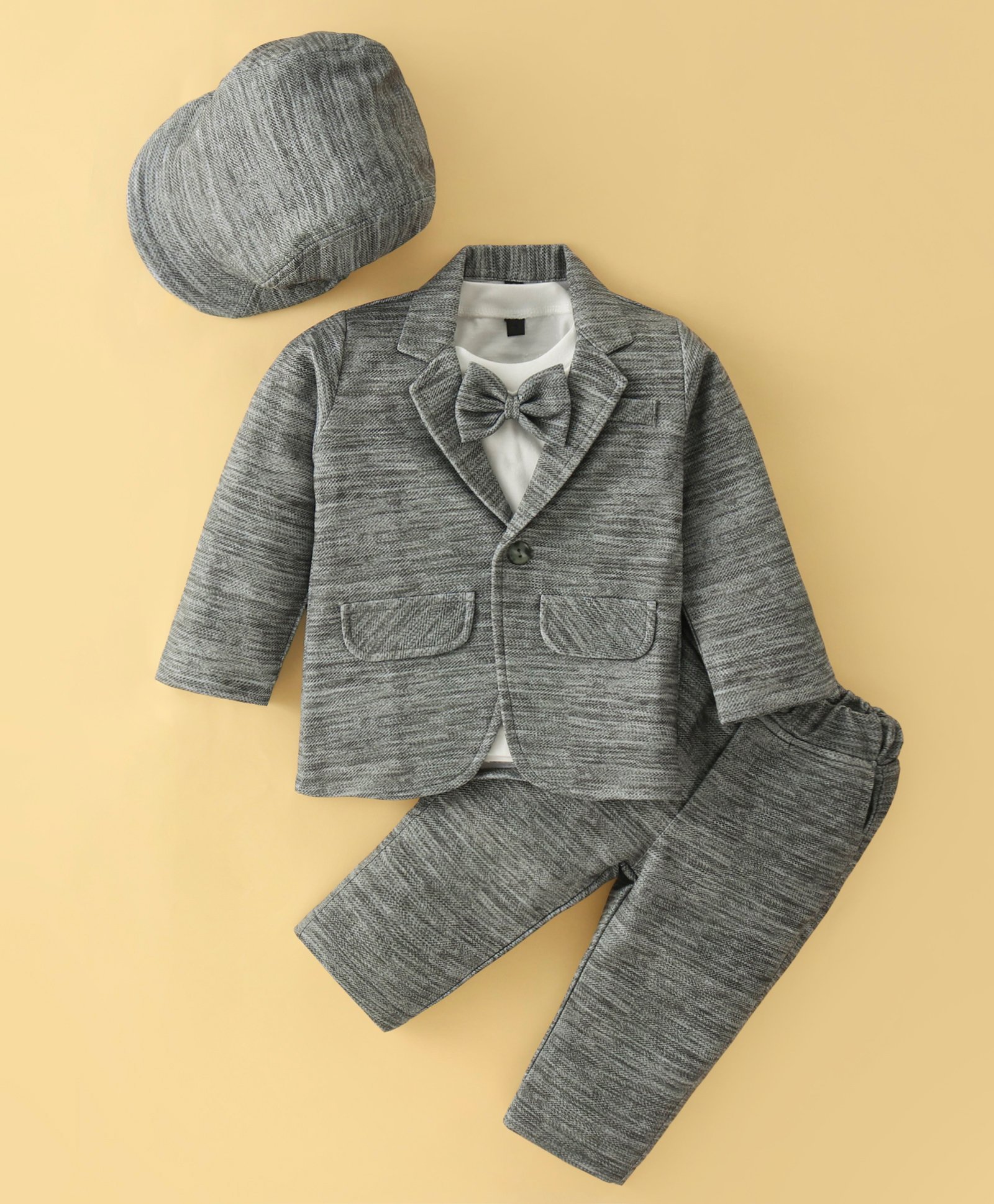 Robo Fry Full Sleeves Party T-Shirt & Trouser Set with Blazer Bow Applique & Hat - Olive Green-picture-20