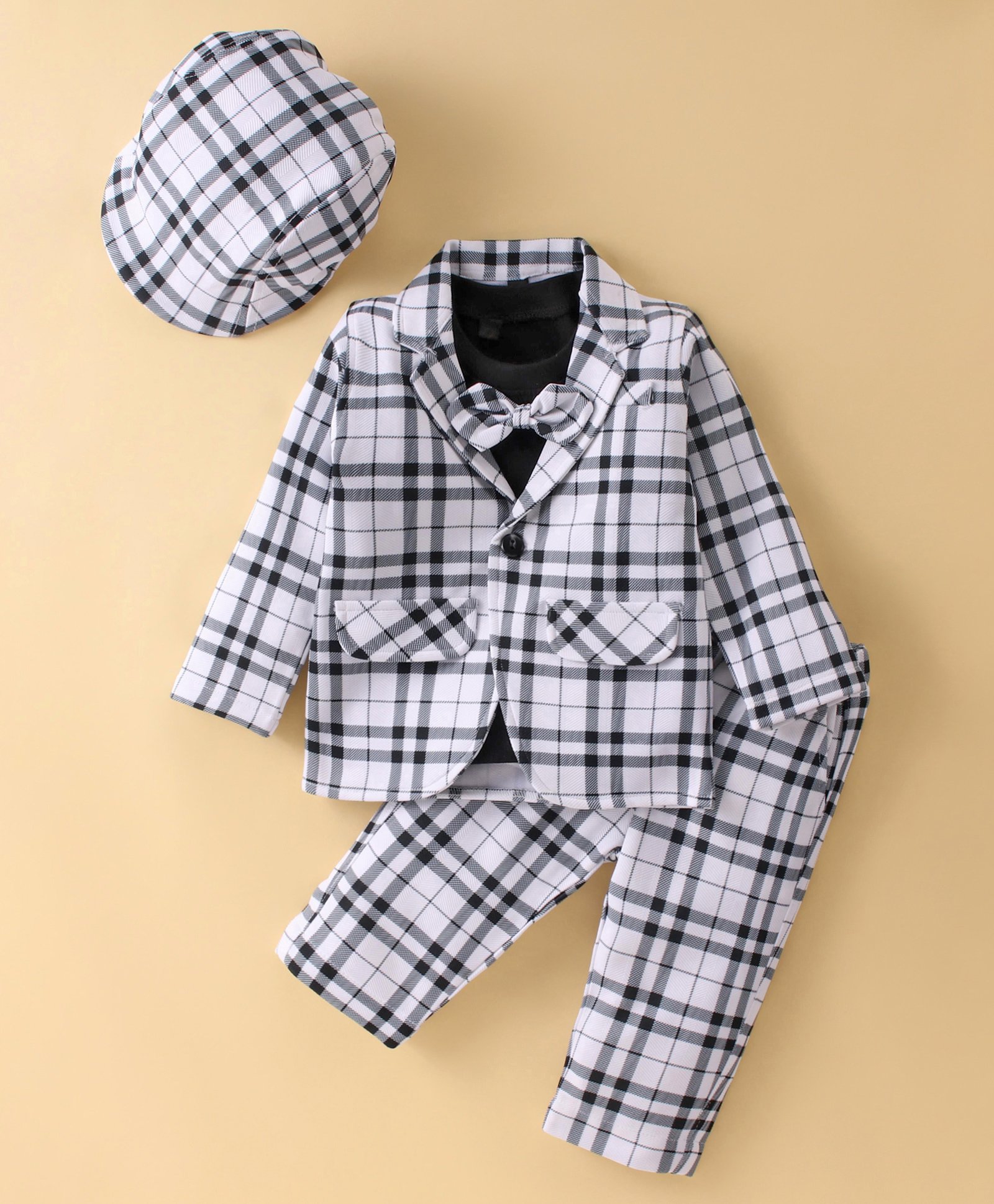 Robo Fry Full Sleeves Checkered  T-Shirt & Trouser Set with Hat & Bow Applique - White-image-47