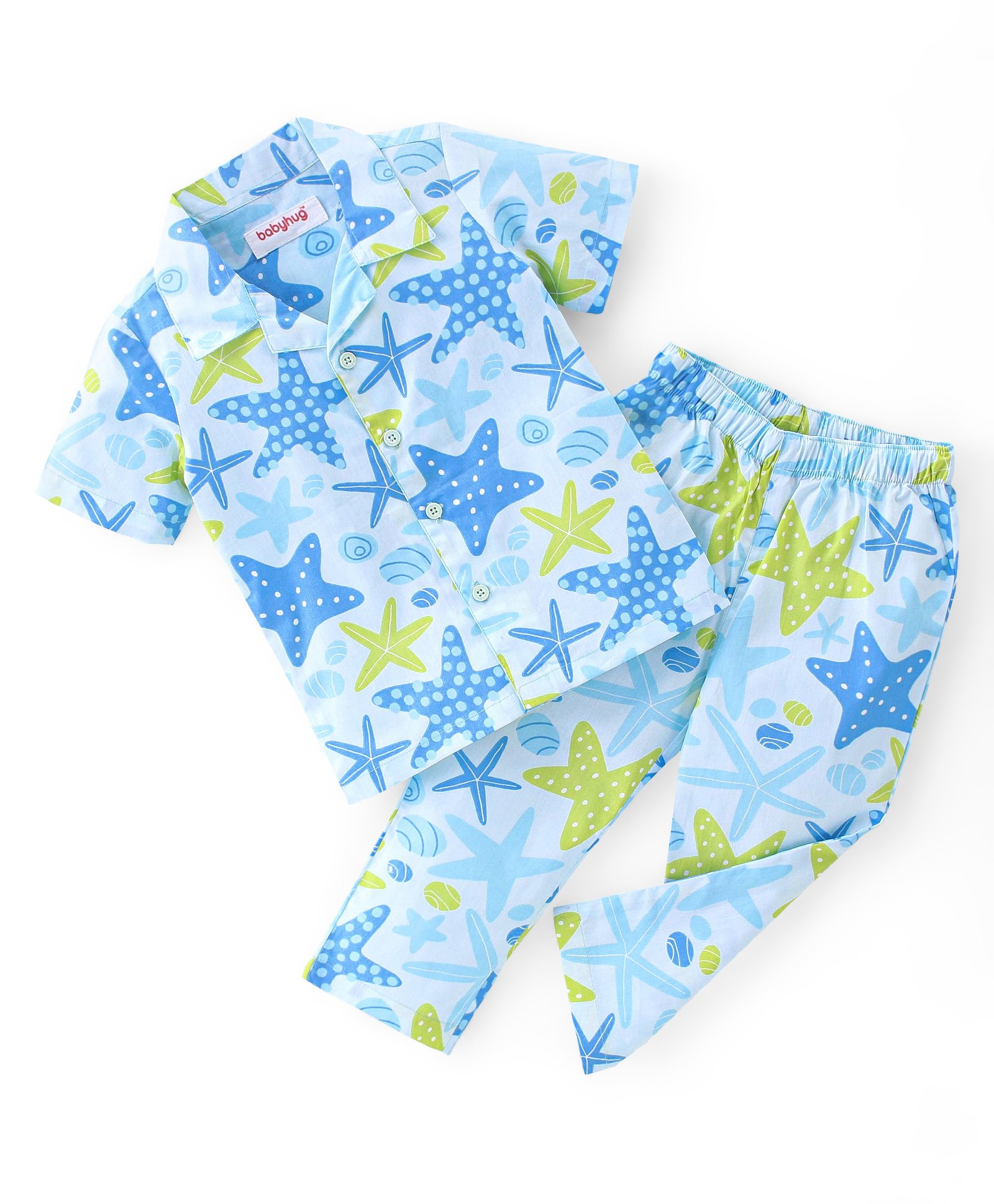 Babyhug Poplin Woven Half Sleeves Night Suit Star Fish Print-Blue-image-19