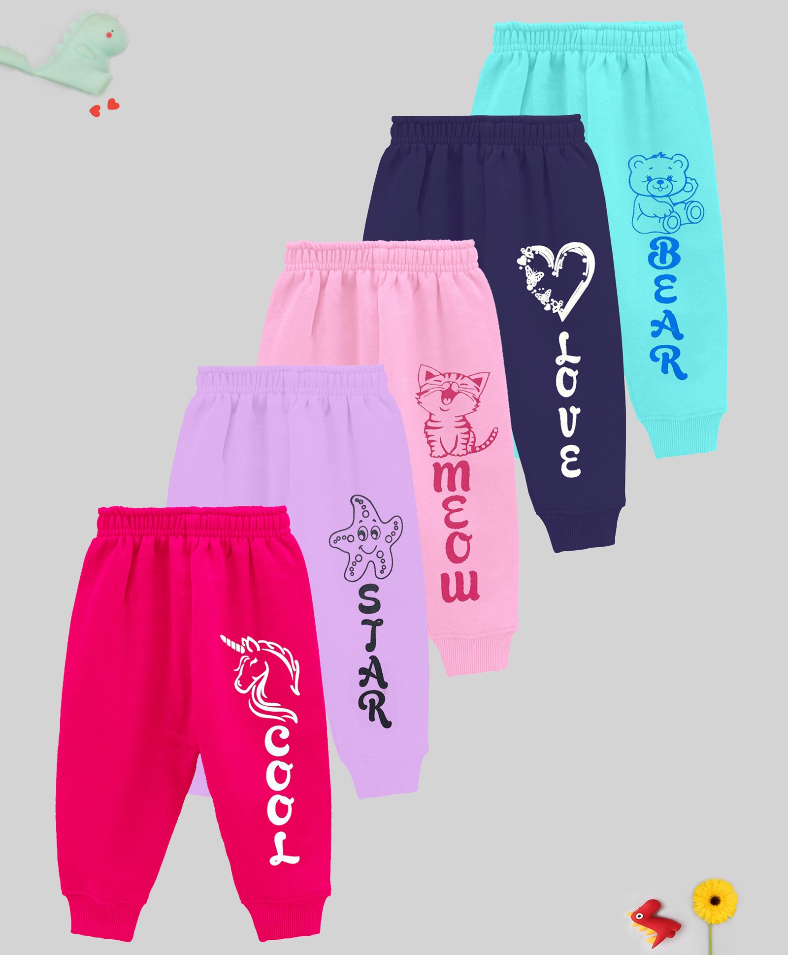 KUCHIPOO Pack Of 5 Animals & Heart  Printed Track Pants - Multi Colour-picture-31