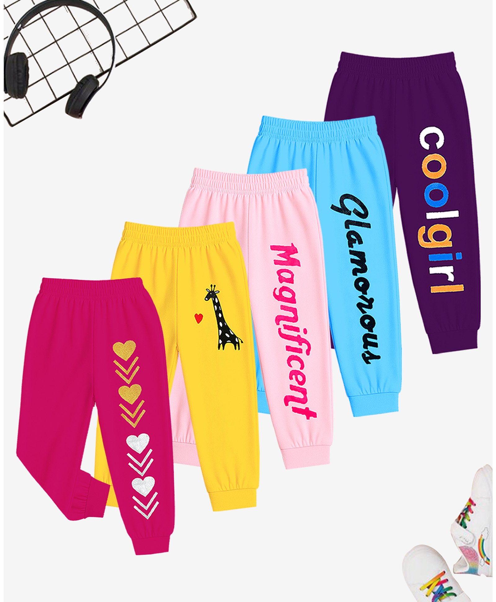 KUCHIPOO Pack Of 5 Giraffe & Text  Printed Track Pants - Multi Colour-picture-13