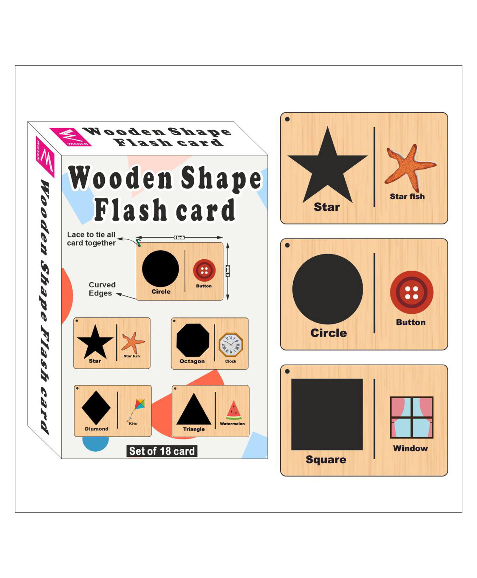wissen Wooden (MDF) Shapes Learning Flash Card with Lacing Thread - Multicolour-picture-0
