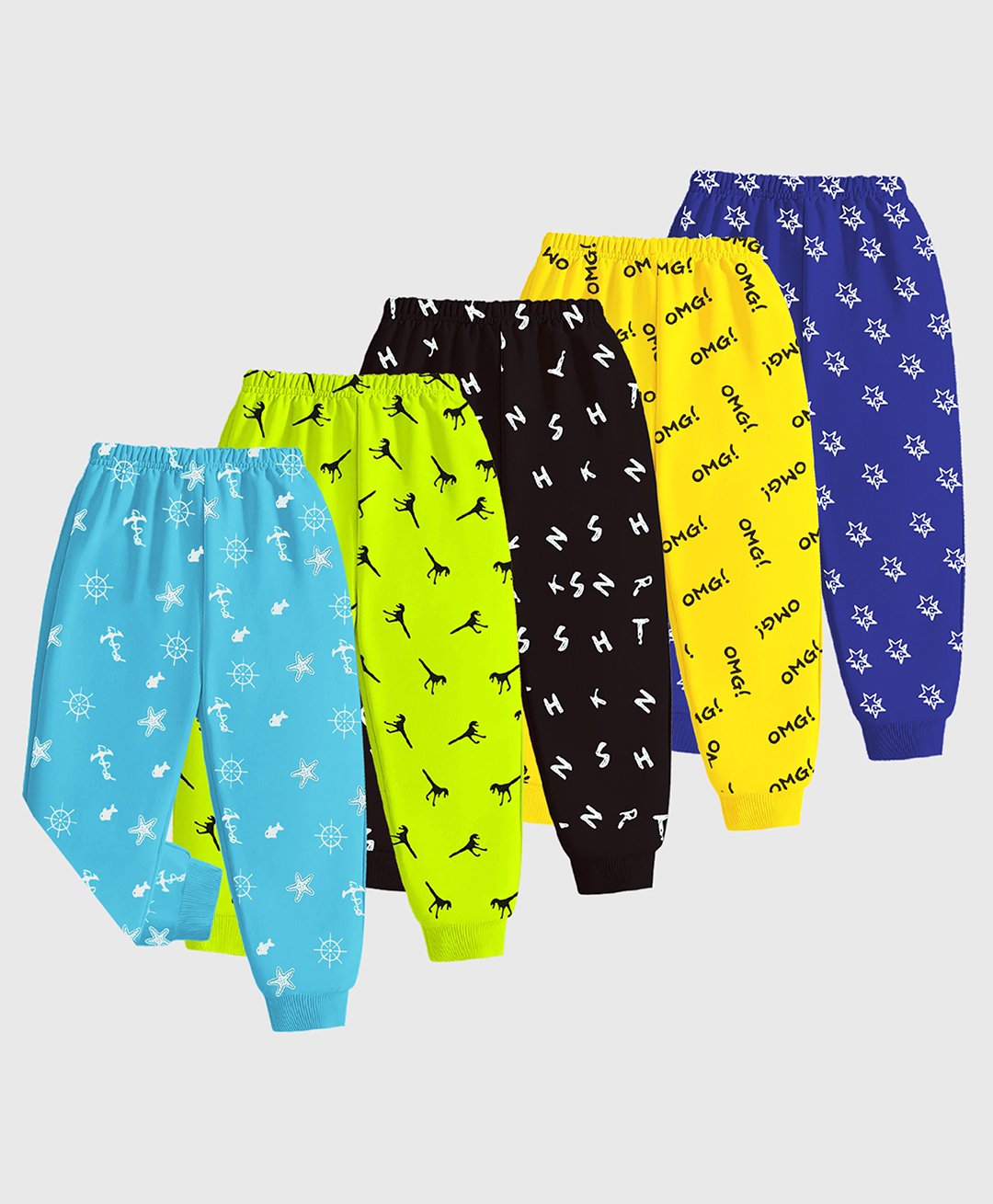 KUCHIPOO Pack Of 5 Dinosaur & Star Printed Track Pants - Multi Colour-image-34