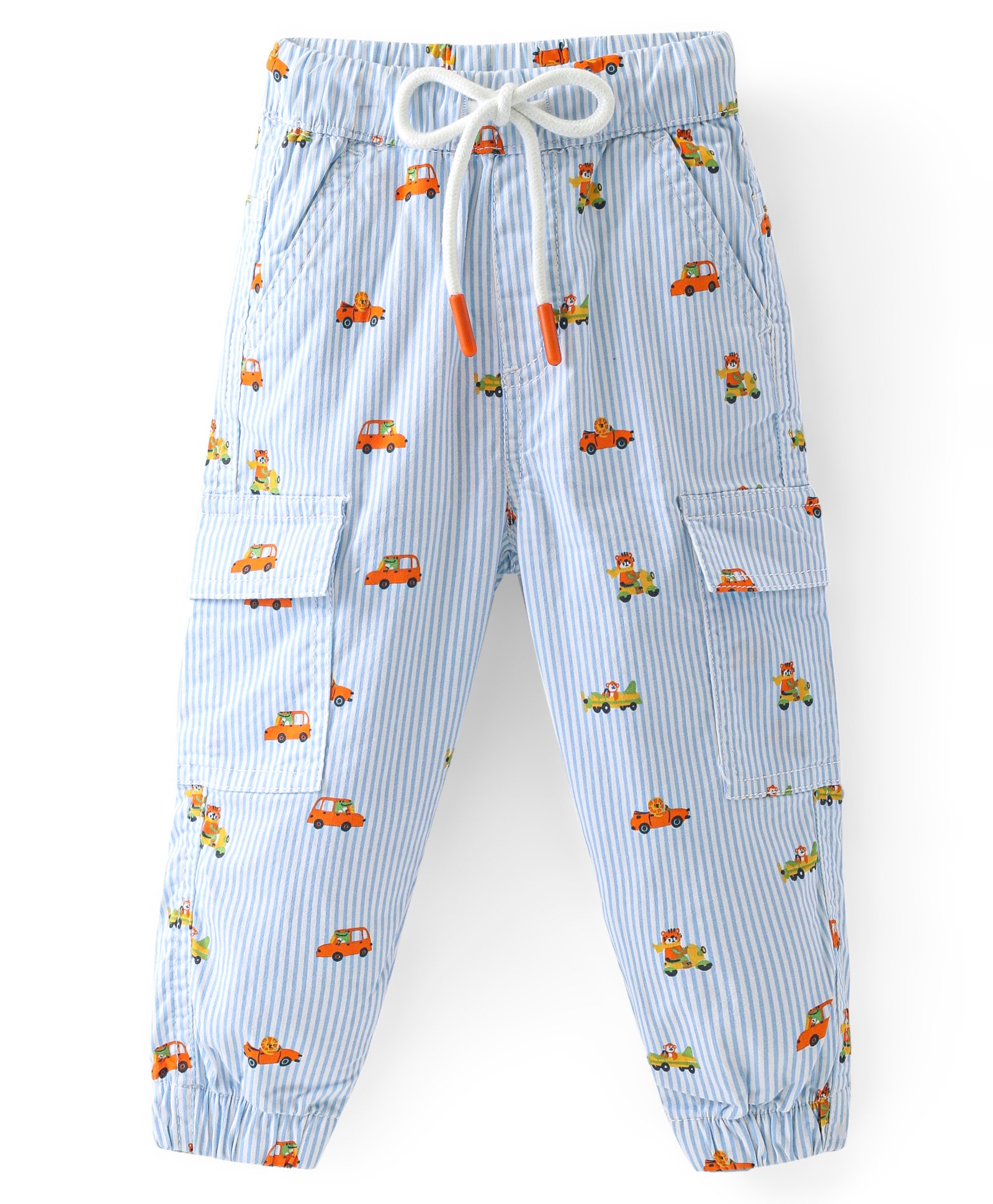 Babyhug Cotton Lycra Woven Full Length Stretchable Trouser Stripes & Lion Print - White-image-40