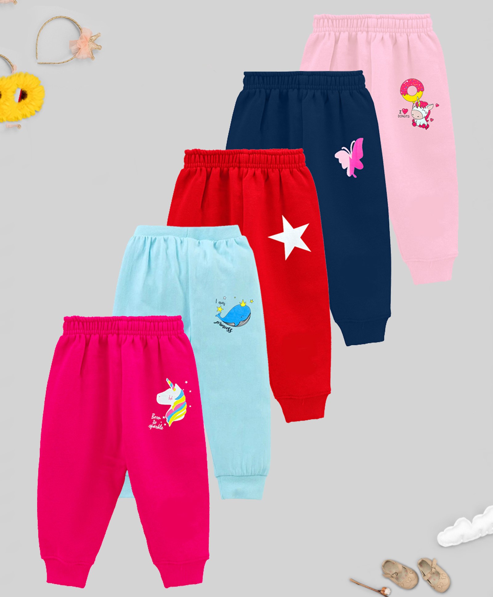 KUCHIPOO Pack Of 5 Unicorn & Butterfly  Printed Track Pants - Multi Colour-picture-24