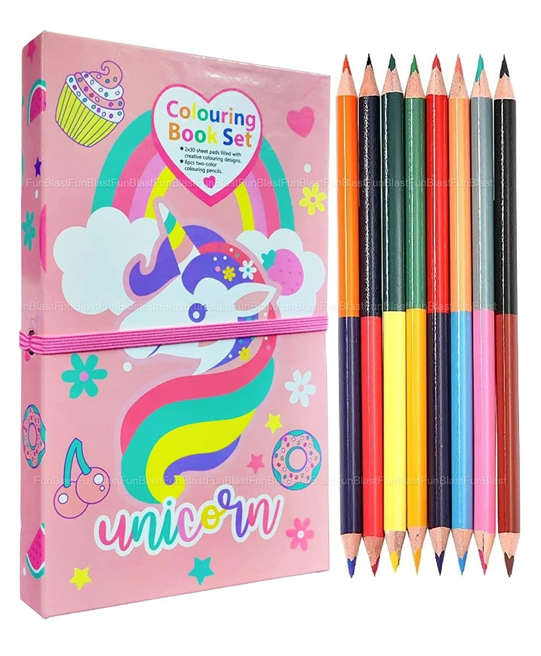Oskart Whimsical Unicorn Delight: Cartoon Colouring Book with 8 Double-Sided Colour Pencils - Art and Craft Drawing Color Book Set Boys, Girls, Toddlers - Perfect Return Gift for Kids (Unicorn) (60 pages)-image-1
