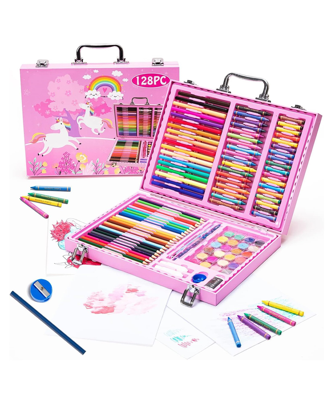 Oskart Rose-Hued Artistry: 128-Piece Portable Painting Kit with Briefcase - Includes Markers, Chalks, Pencils, and Vibrant Paints for Creativity in Kids and Adults (Pink)-image-21