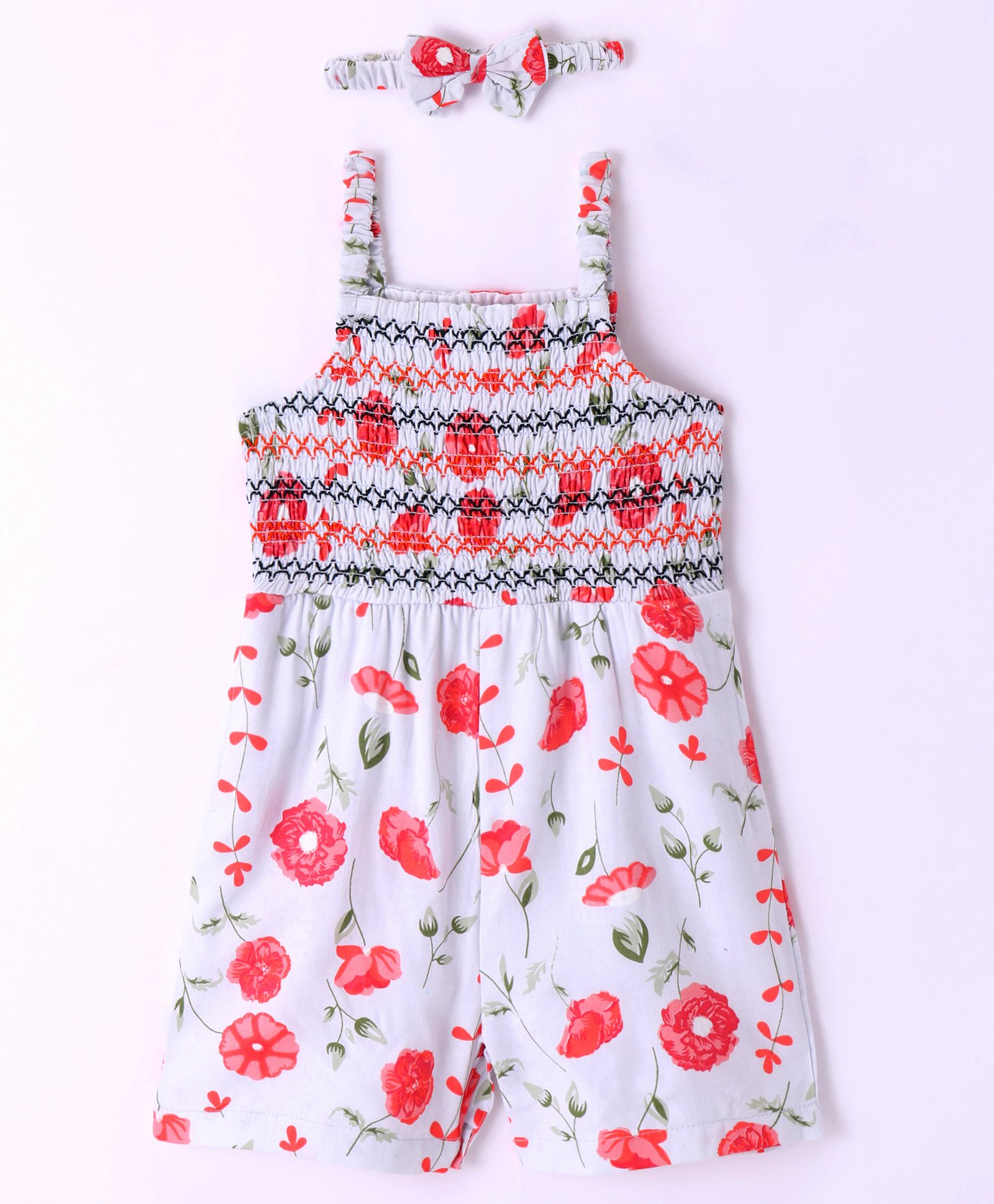 Babyhug Rayon Sleeveless Jumpsuit with Smocking Detailing Floral Print - Multicolour-picture-14