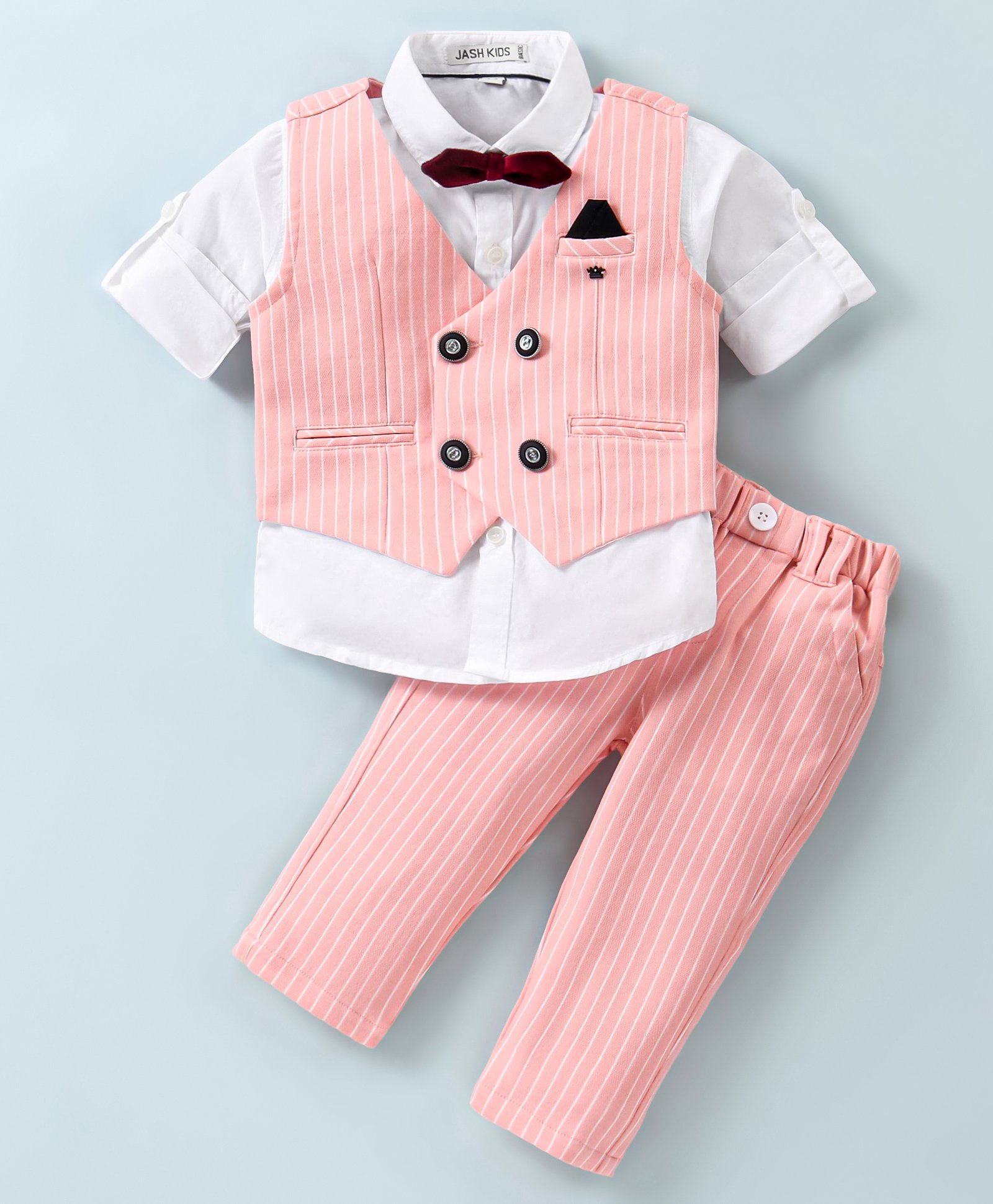 JASH KIDS Cotton Knit  Full Sleeves  Striped Party Suit with Bow - Peach-picture-22