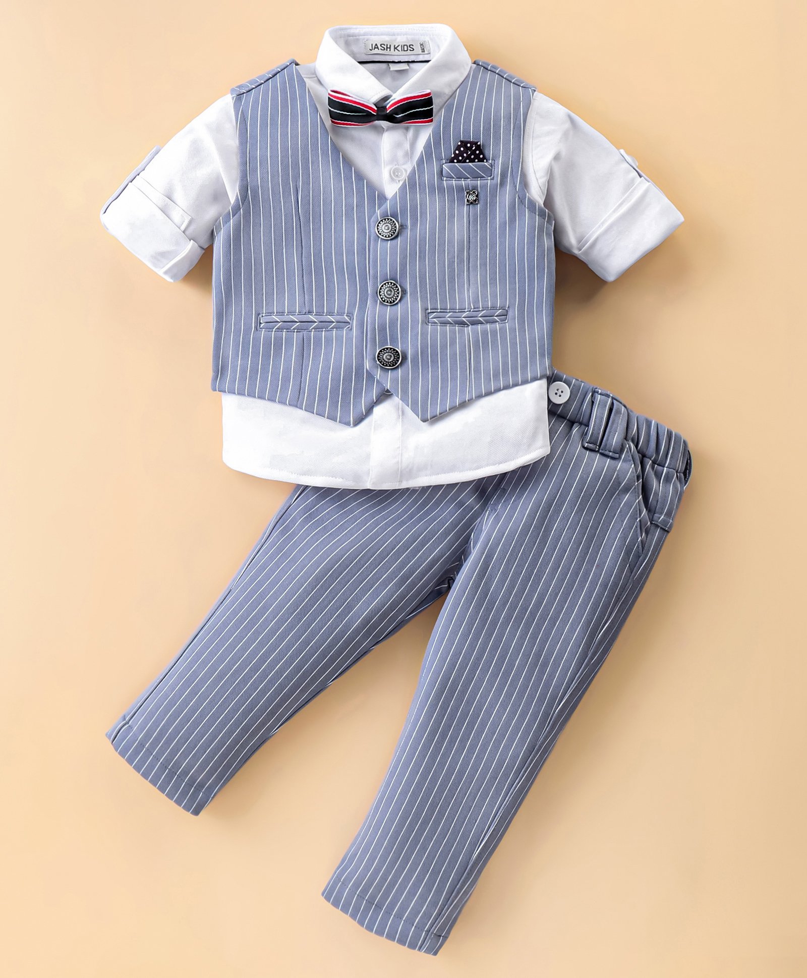 JASH KIDS Cotton Knit  Full Sleeves  Striped Party Suit with Bow - Grey-picture-10