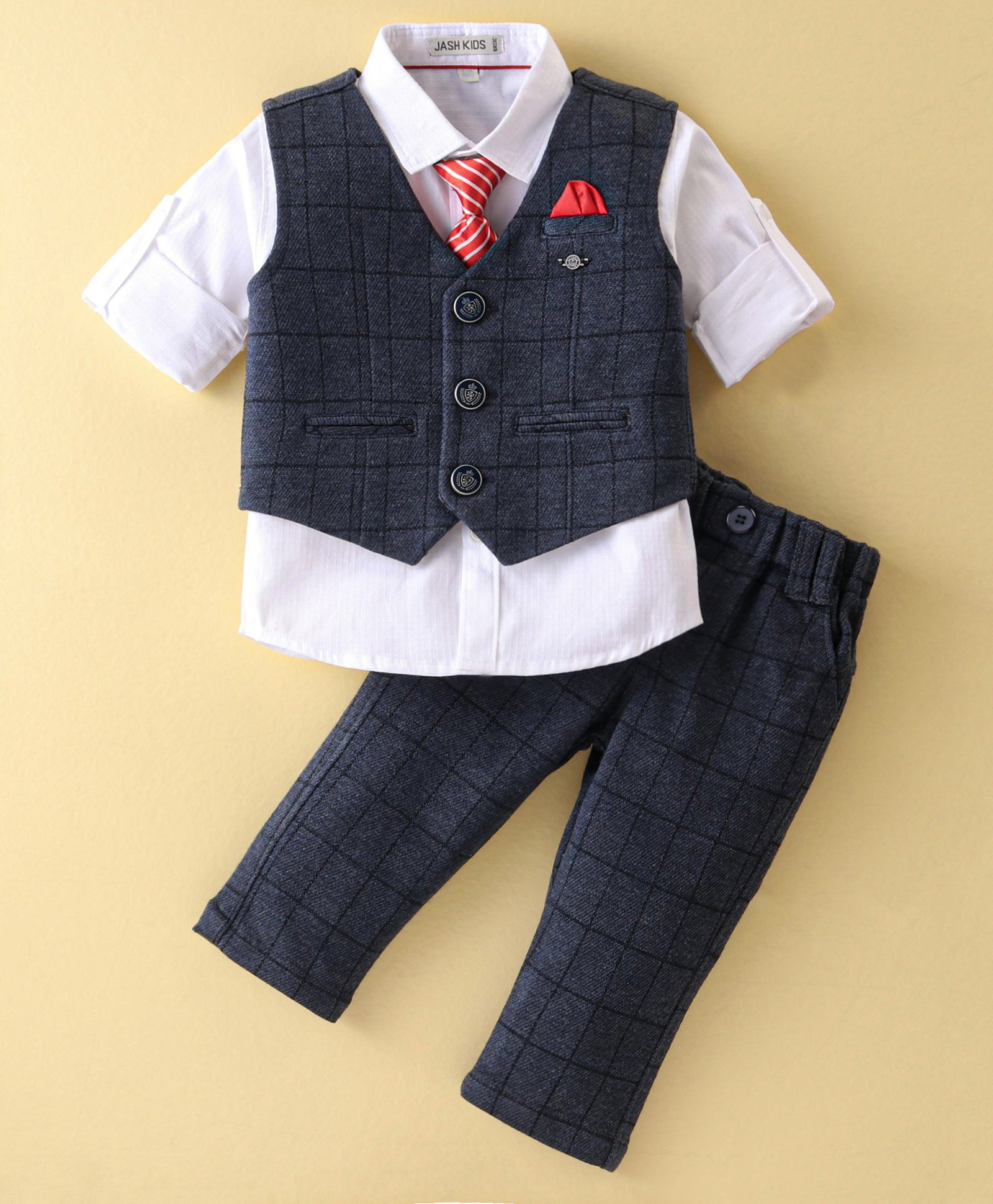 JASH KIDS  Cotton Woven Full Sleeves  Checkered Party Suit  with Tie - Navy Blue-picture-15
