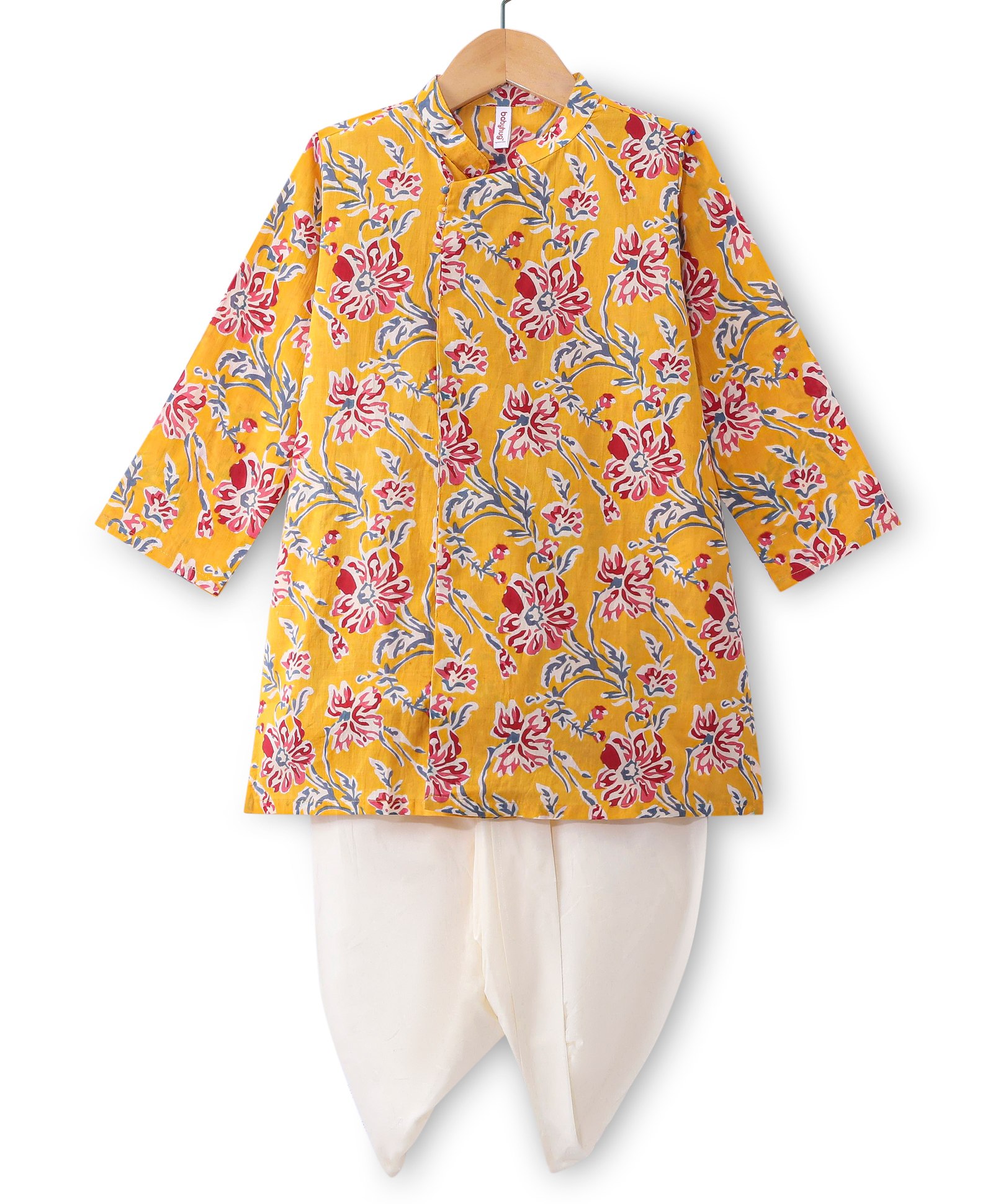 Babyhug Cotton Woven Full Sleeves Kurta & Dhoti Set With Summer Print & Potli Buttons - Yellow & White-image-42