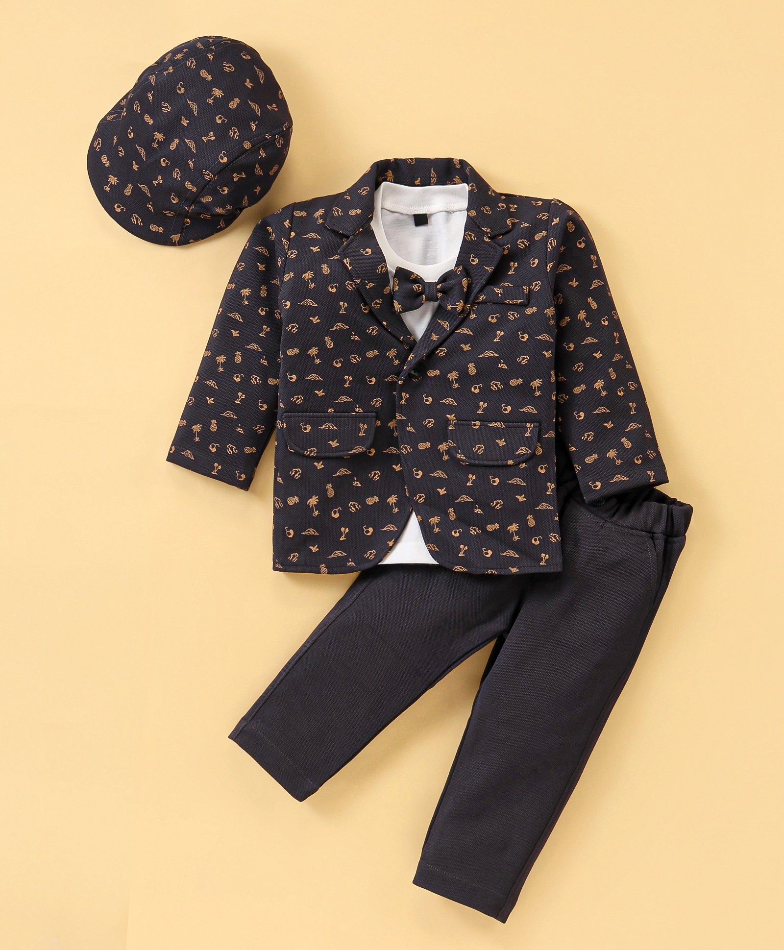 Robo Fry Full Sleeves  T-Shirt & Trouser Set Beach Theme Print with Hat & Bow Applique - Dark Grey-image-16