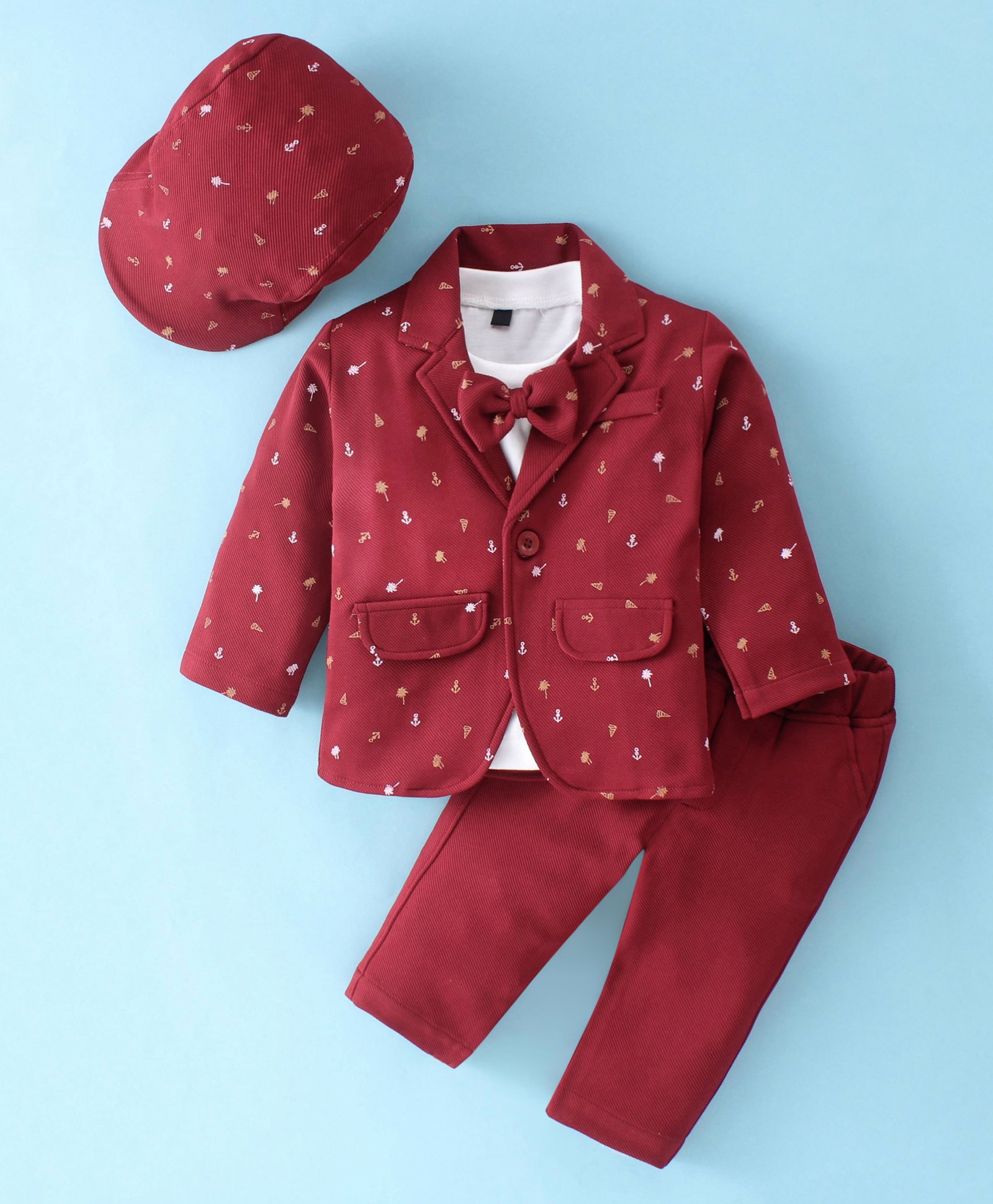 Robo Fry Full Sleeves  Anchor Printed Blazer with T-Shirt & Trousers Set - Maroon-image-16