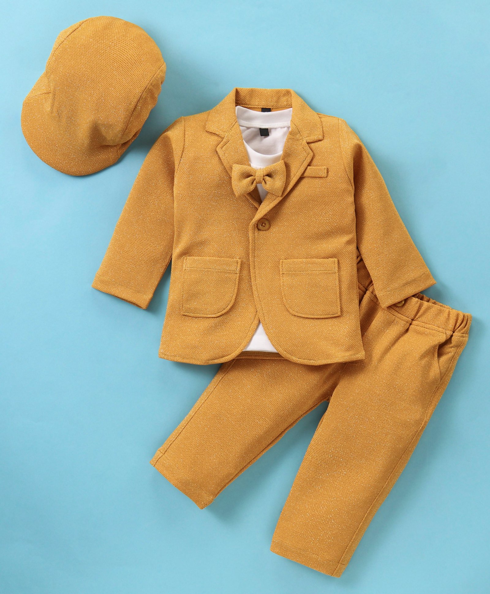 Robo Fry Cotton Blend Knit Full Sleeves Solid Color Blazer with T-Shirt & Trousers Set with Bow - Golden-image-2