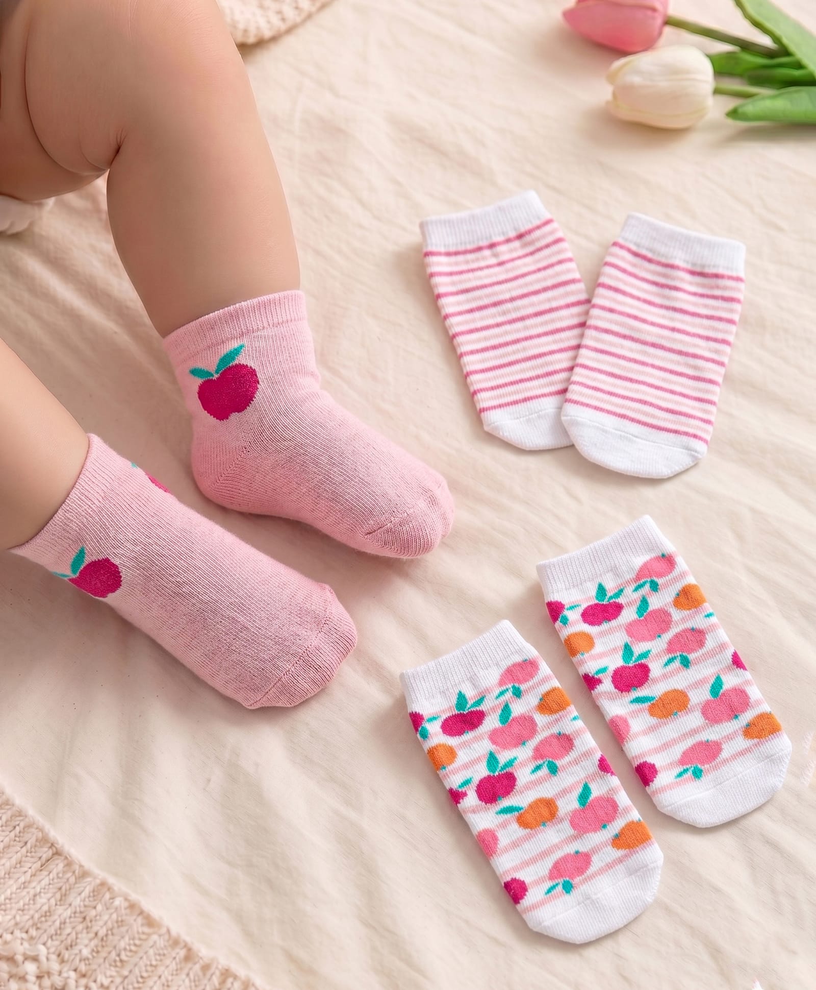 Cute Walk By Babyhug Non Terry Knit Anti-Bacterial Ankle Length Socks Stripes & Apple Design Pack Of 3 - Pink & White-image-12