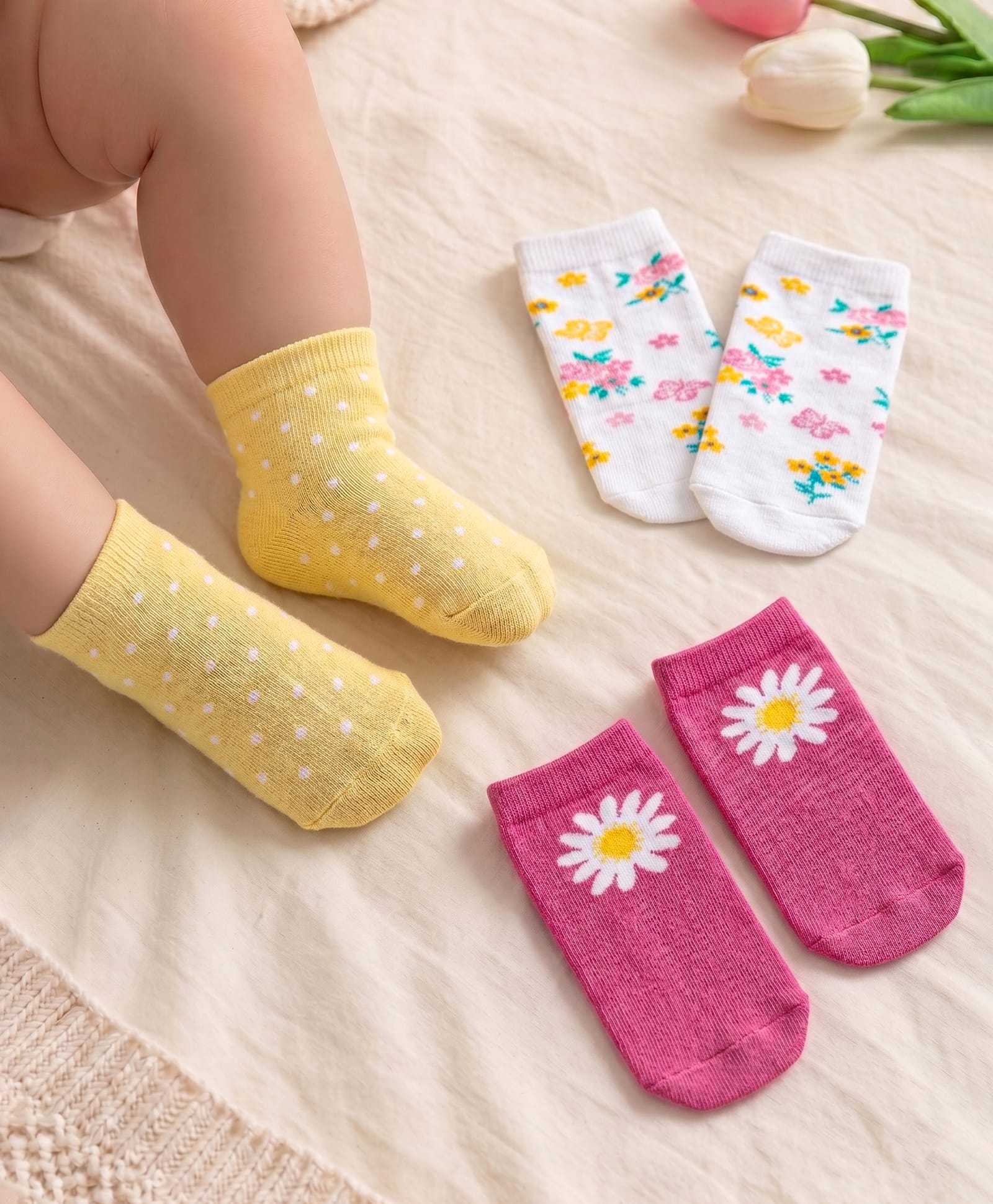 Cute Walk By Babyhug Anti-Bacterial Ankle Length Socks Floral & PolkaDot Design Pack Of 3 - Pink Yellow & White-image-29