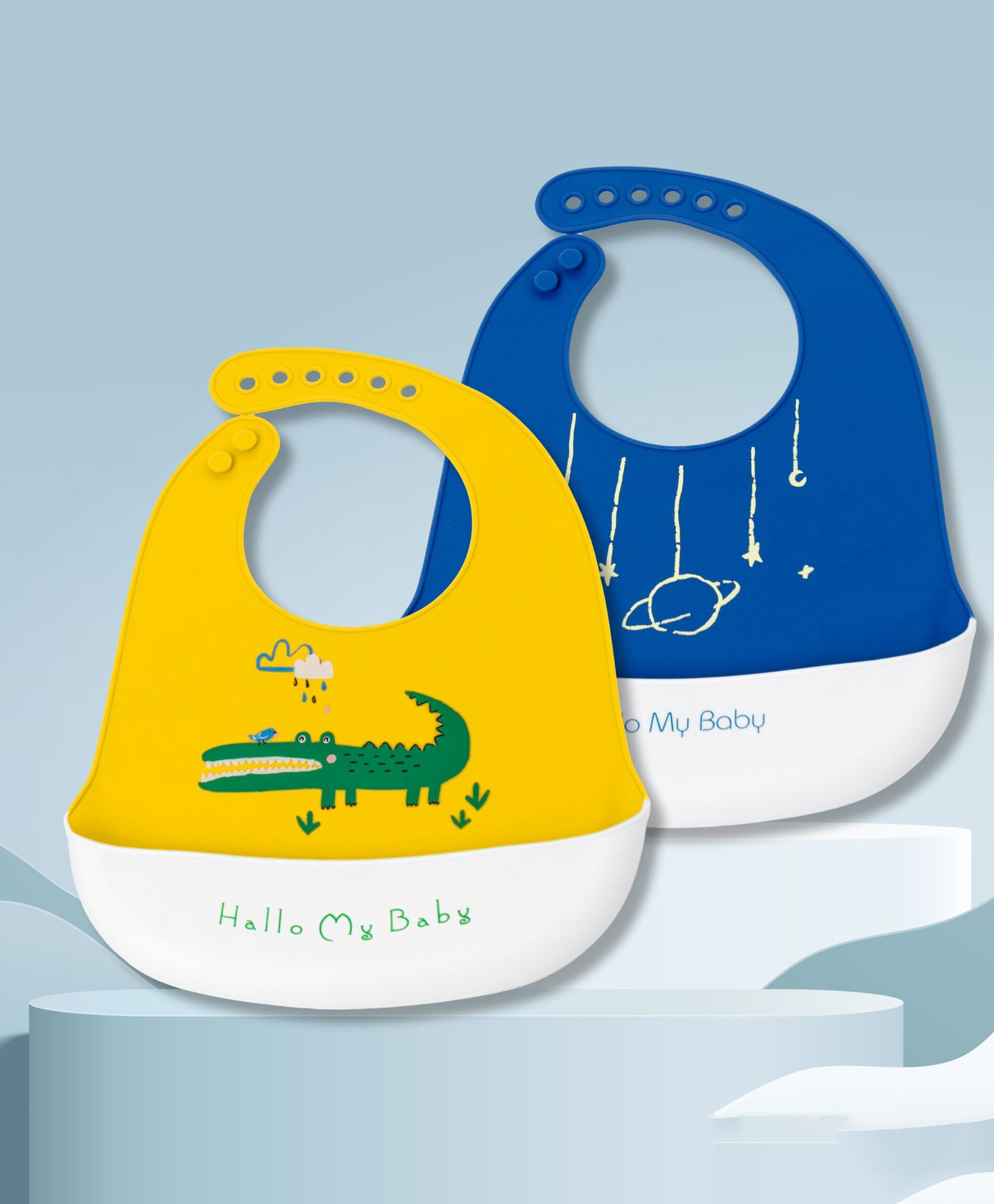 Bibs with Crocodile Print Pack of 2- Yellow & Blue-image-47