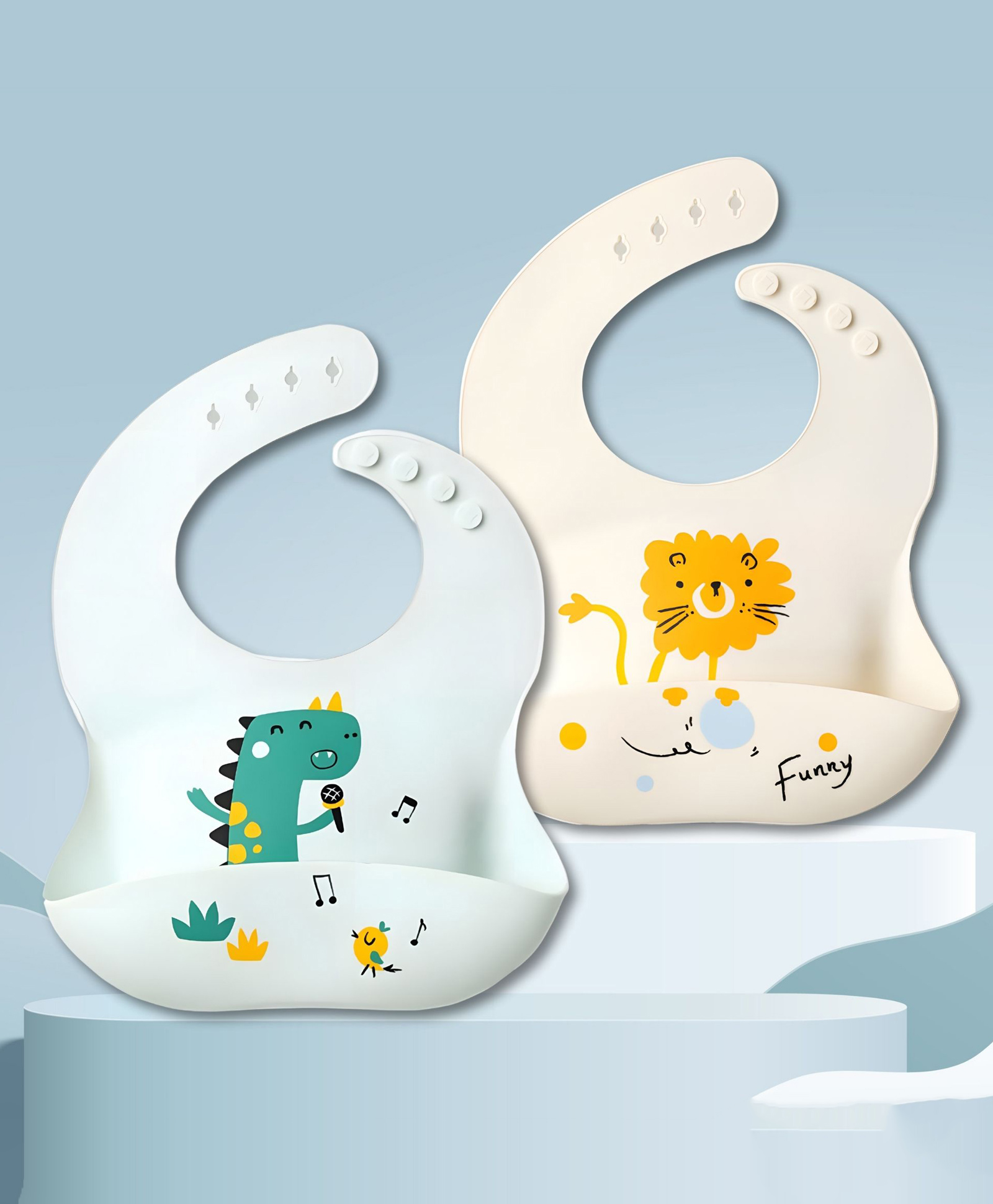 Bib With Dino and Lion Print- Light Blue and Light Pink-image-14