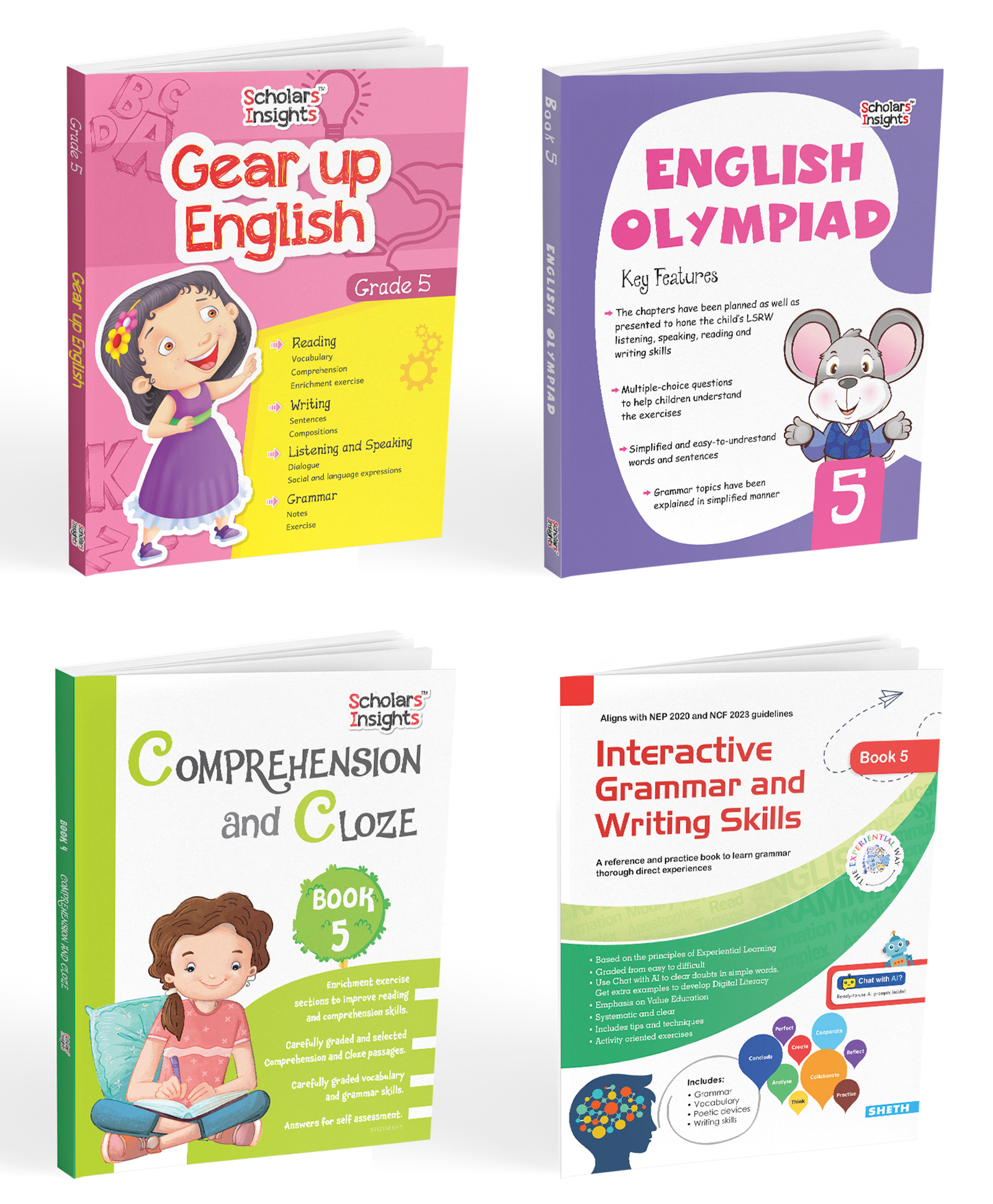scholars insights Grade 5 English Practice Workbooks: Gear Up English, English Olympiad, Comprehension and Cloze, Interactive Grammar and Writing Skills (Set of 4) English-picture-8