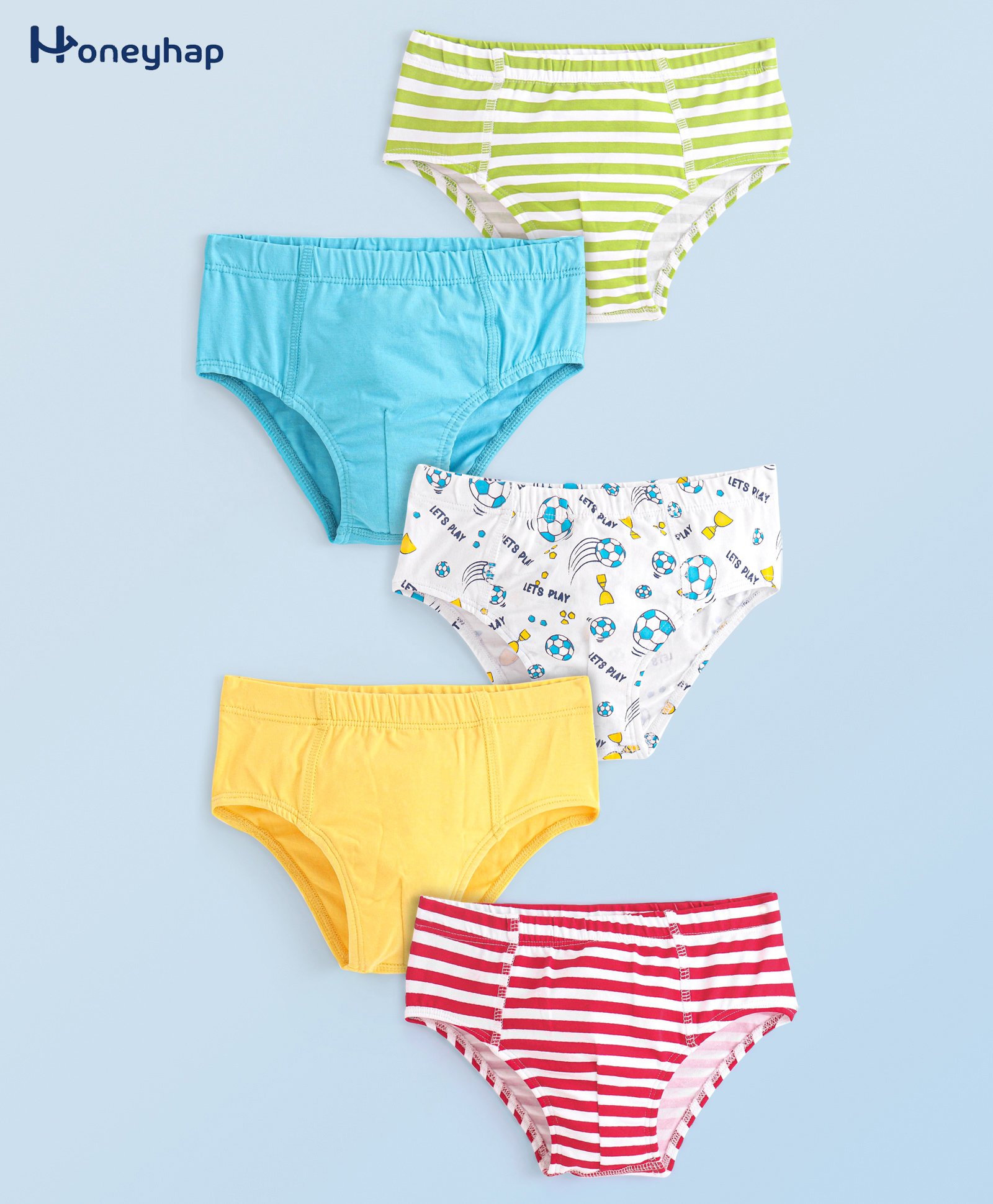 Honeyhap Premium Cotton Elastane Knit Briefs with Bio FInish with Solid Striped & Football Print Pack of 5 - Multicolour-picture-10