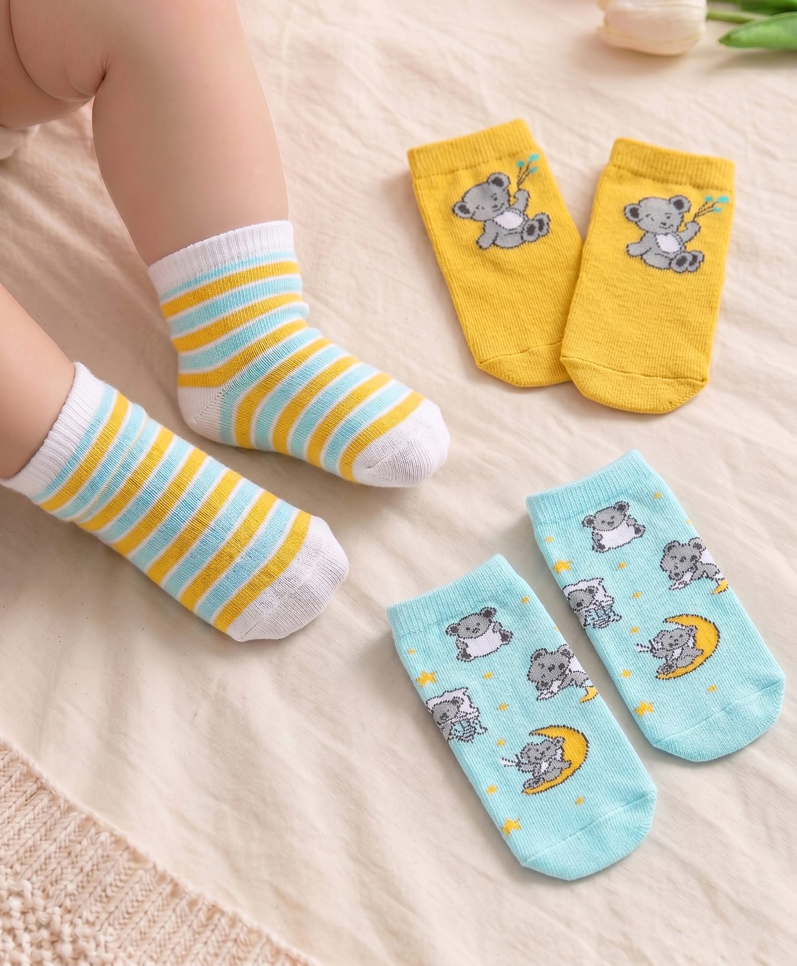Cute Walk by Babyhug Anti Bacterial Ankle Length Socks with Striped & Teddy Bear Design - Blue Yellow & White-picture-27