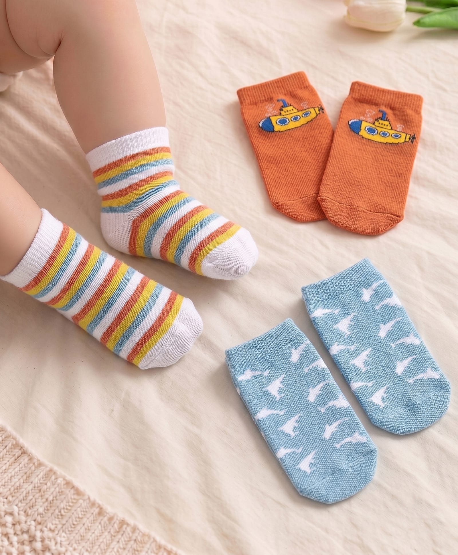 Cute Walk by Babyhug Anti Bacterial Ankle Length Socks Submarine Design Pack Of 3 - Multicolour-image-35