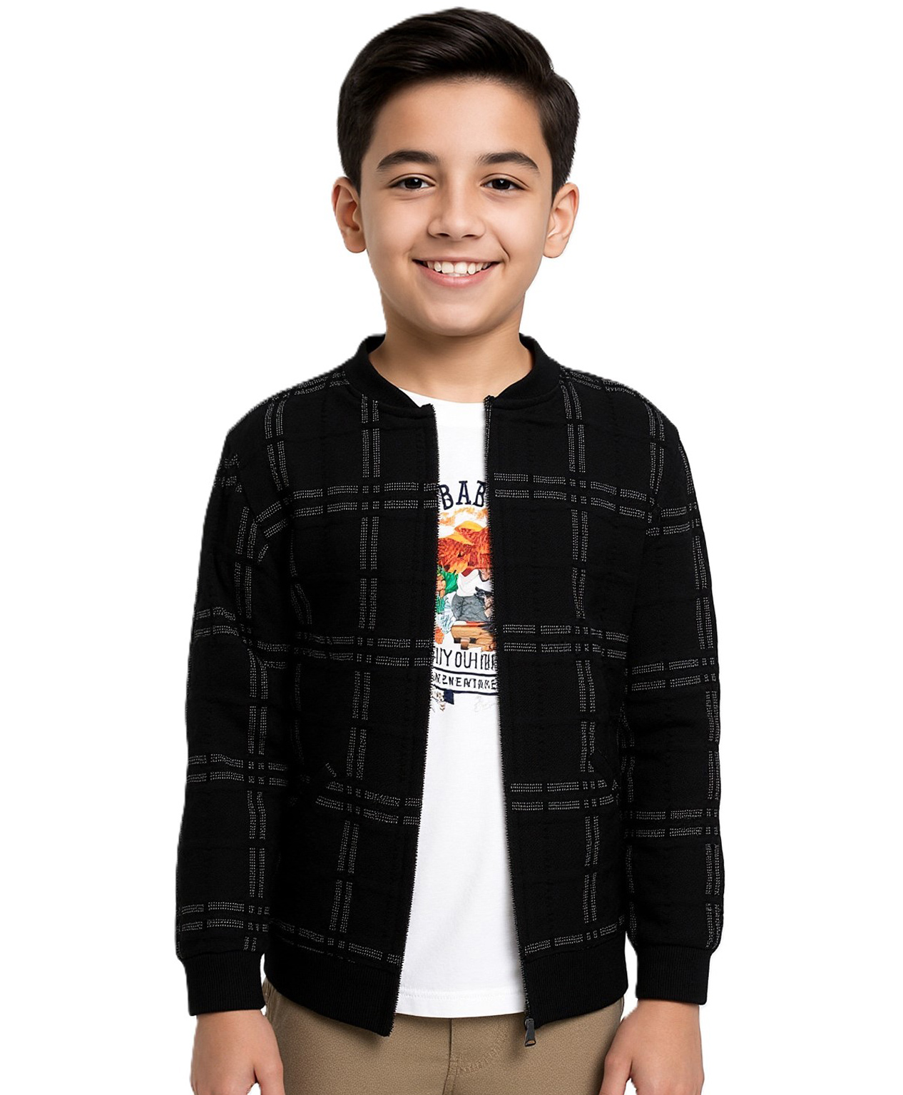 CAVIO Cotton Knit Full Sleeves Checked Light Winter Jacket With Tee Set - Black-picture-38