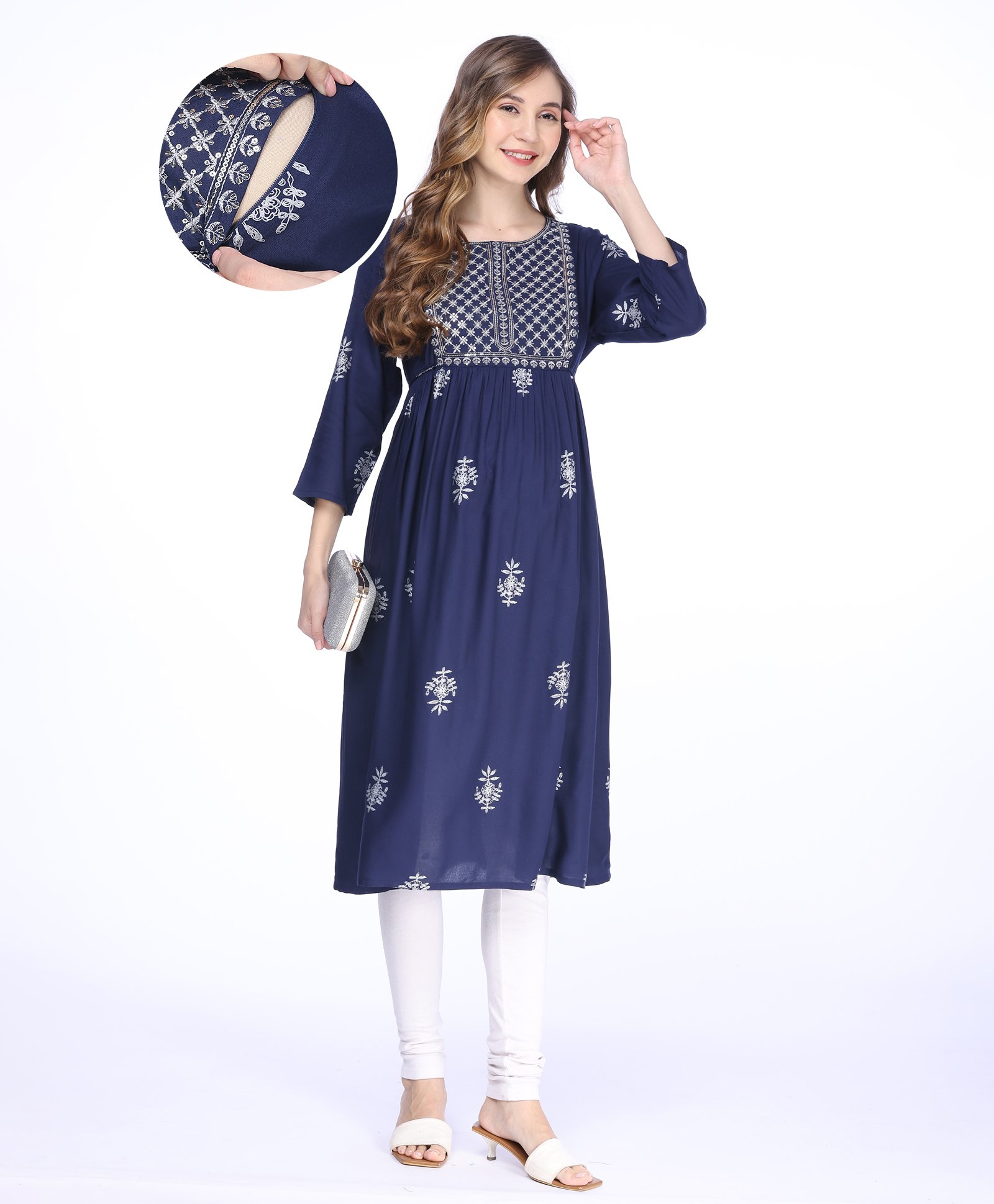 Bella Mama Viscose Woven Three Fourth Sleeves Maternity Kurta with Embrodiered Yoke & Pocket- Navy Blue-picture-1