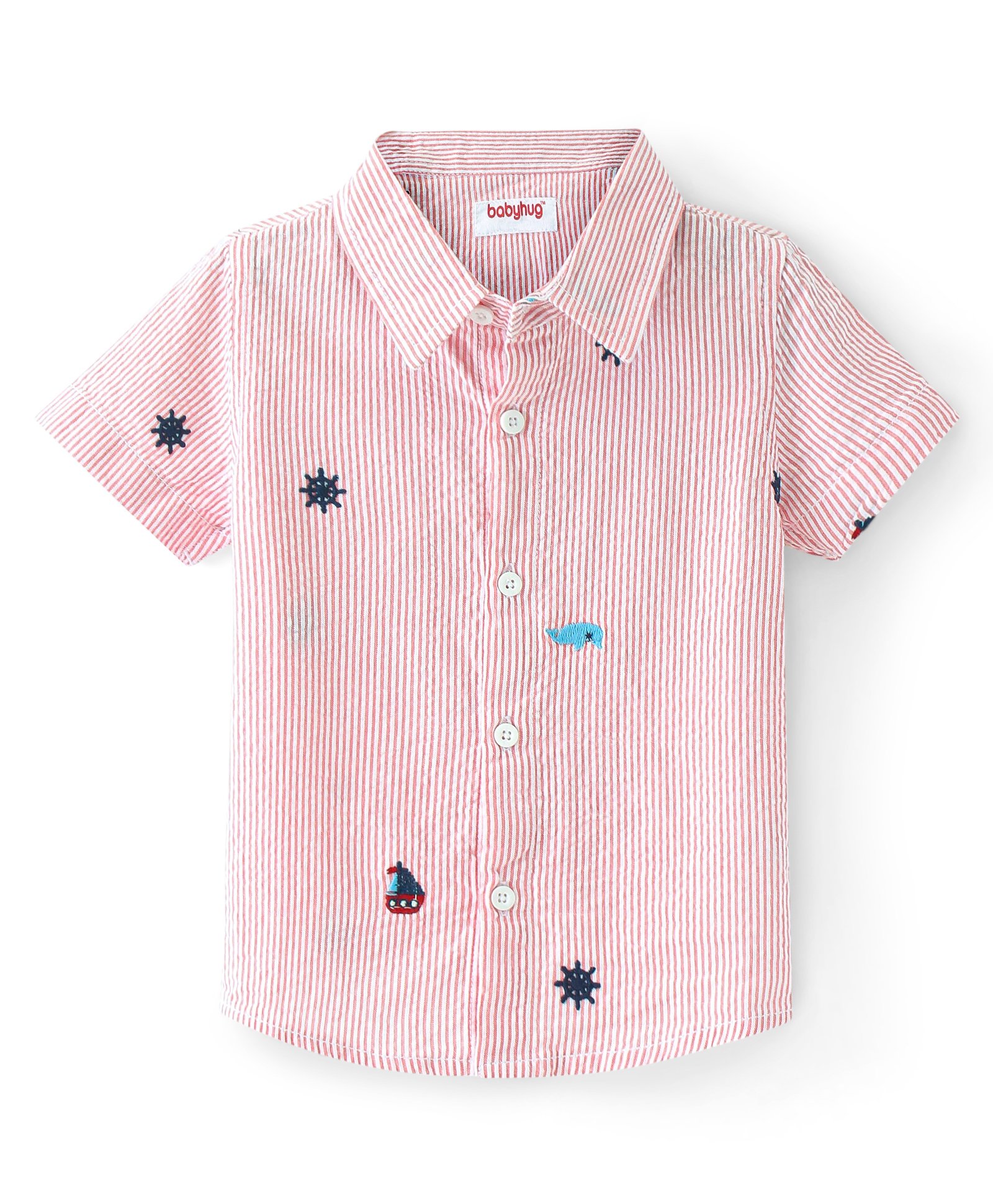 Babyhug Cotton Woven Half Sleeves Striped Shirt with Boat & Anchor Embroidery - Red-image-11