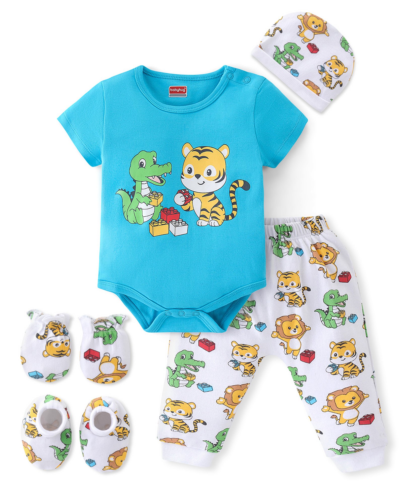 Babyhug 100% Cotton Onesies with Leggings and Cap Mittens Booties With Animals Print - Blue & White-image-26
