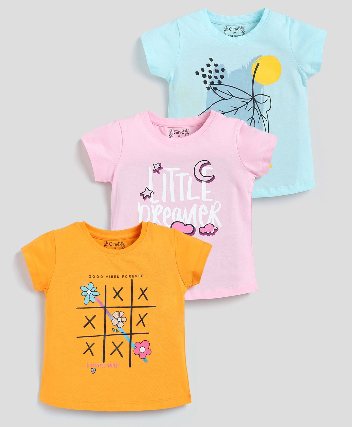 giniekids Pack Of 3 Half Sleeves Little Dreamer Text Printed Tees - Orange Pink & Blue-picture-10