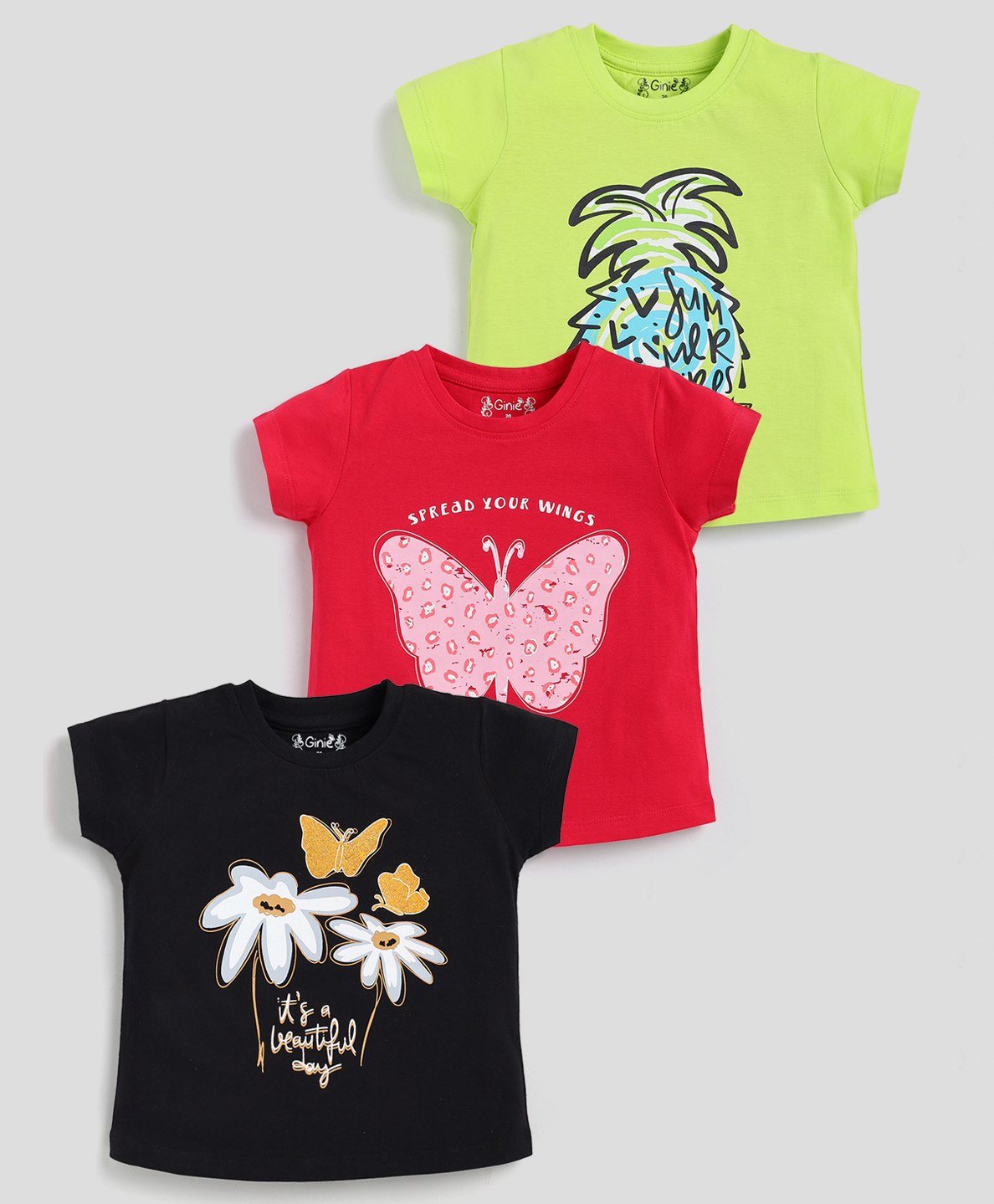 giniekids Pack Of 3 Half Sleeves Butterfly & Flower Printed Tees - Black Green & Rani Pink-image-21